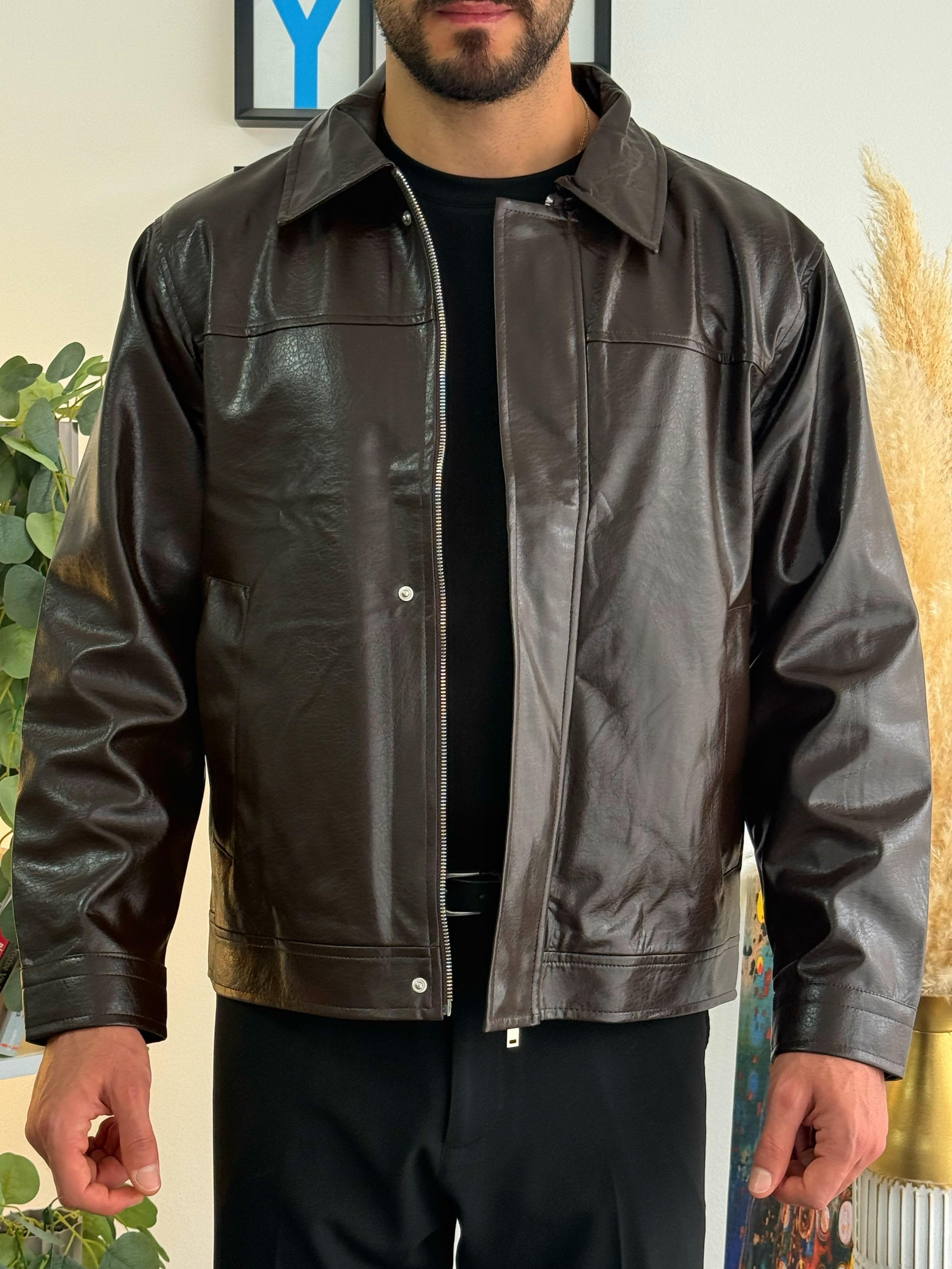 Crop Fit Deri Ceket Krem Kahverengi
