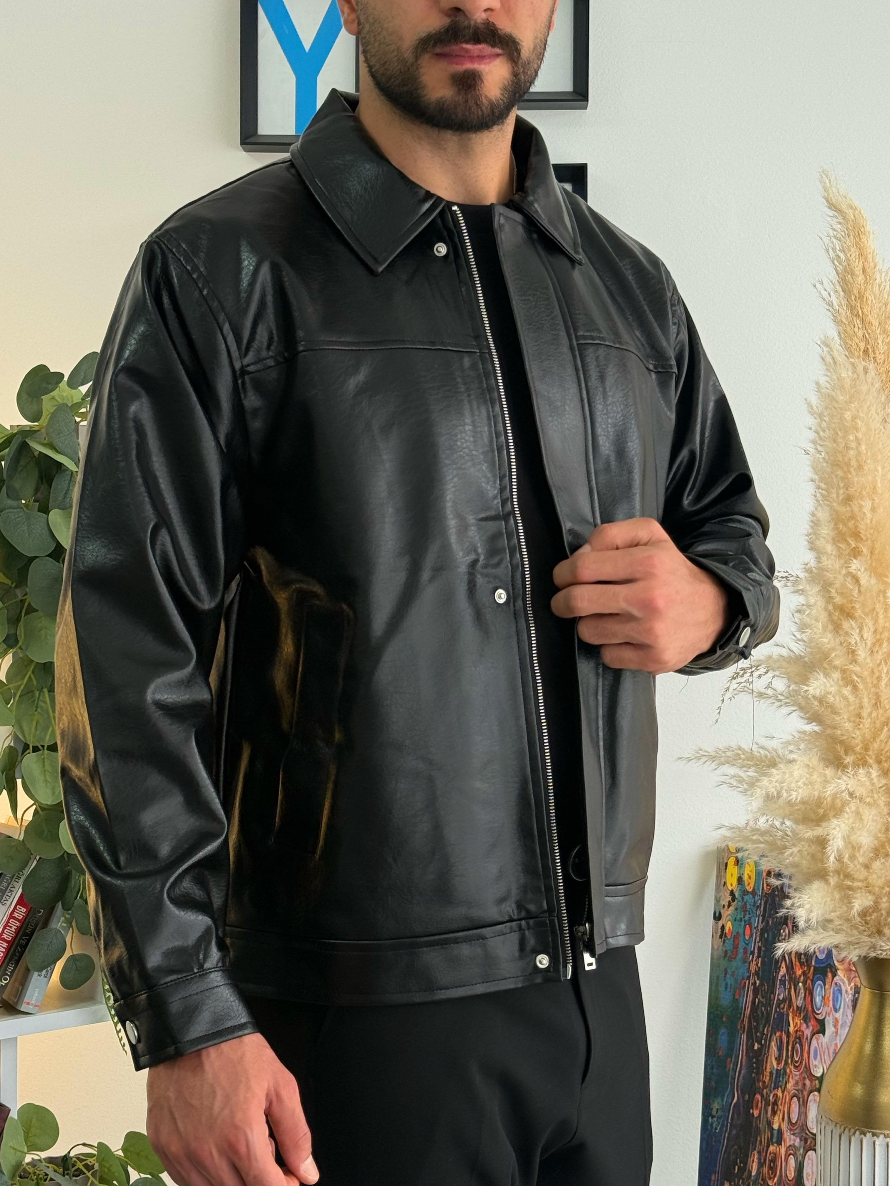Crop Fit Deri Ceket Siyah