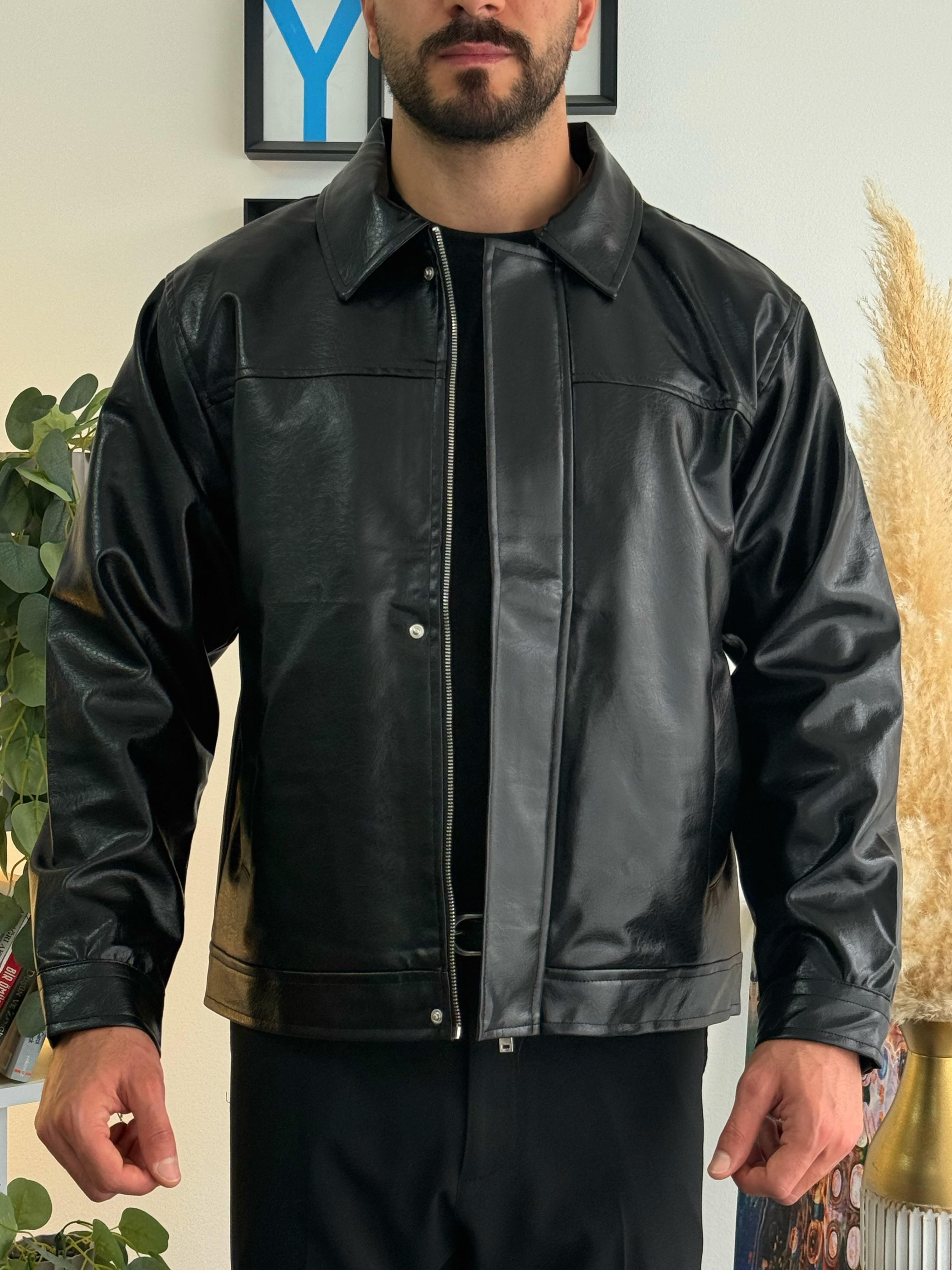 Crop Fit Deri Ceket Siyah