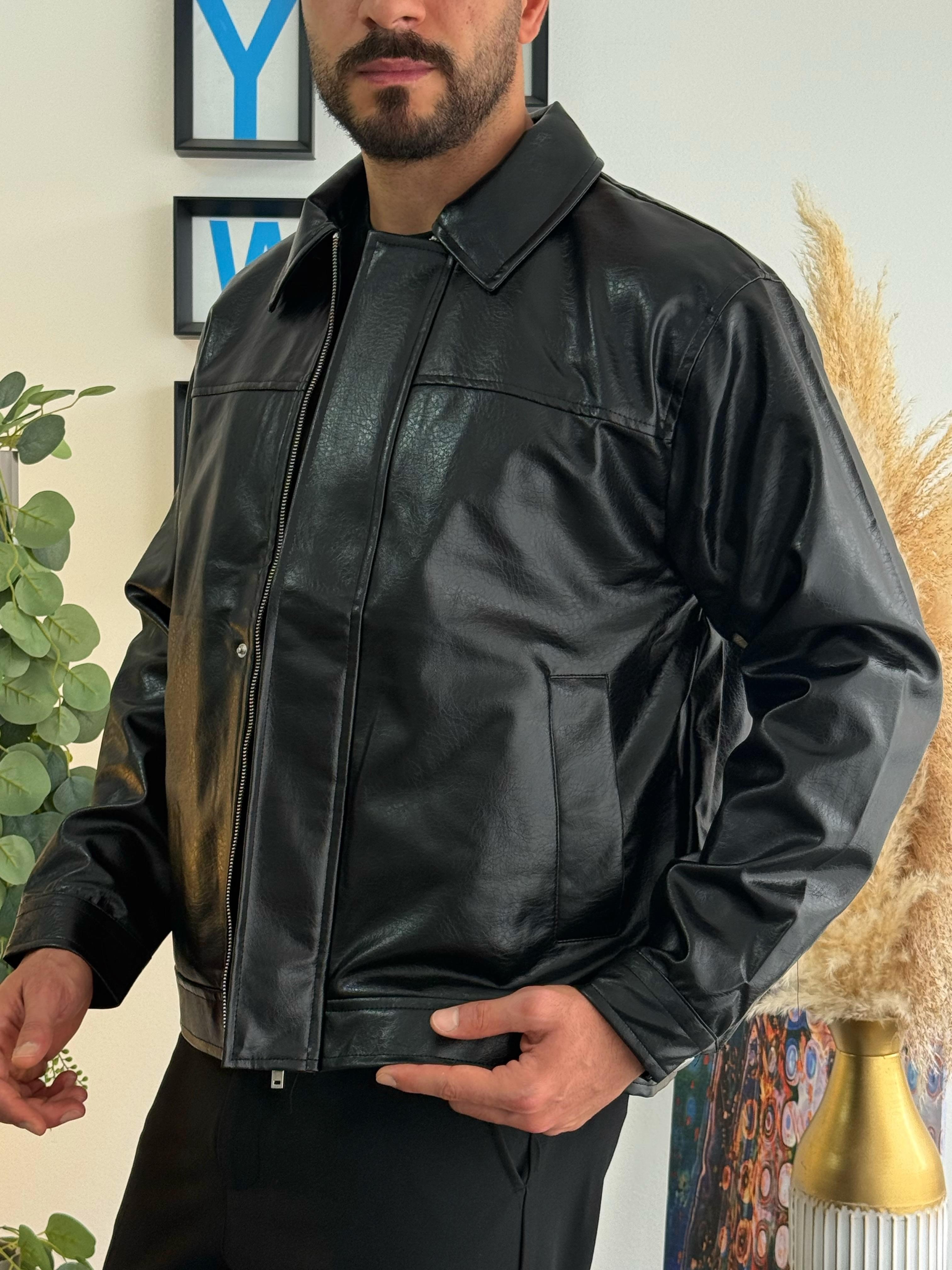 Crop Fit Deri Ceket Siyah