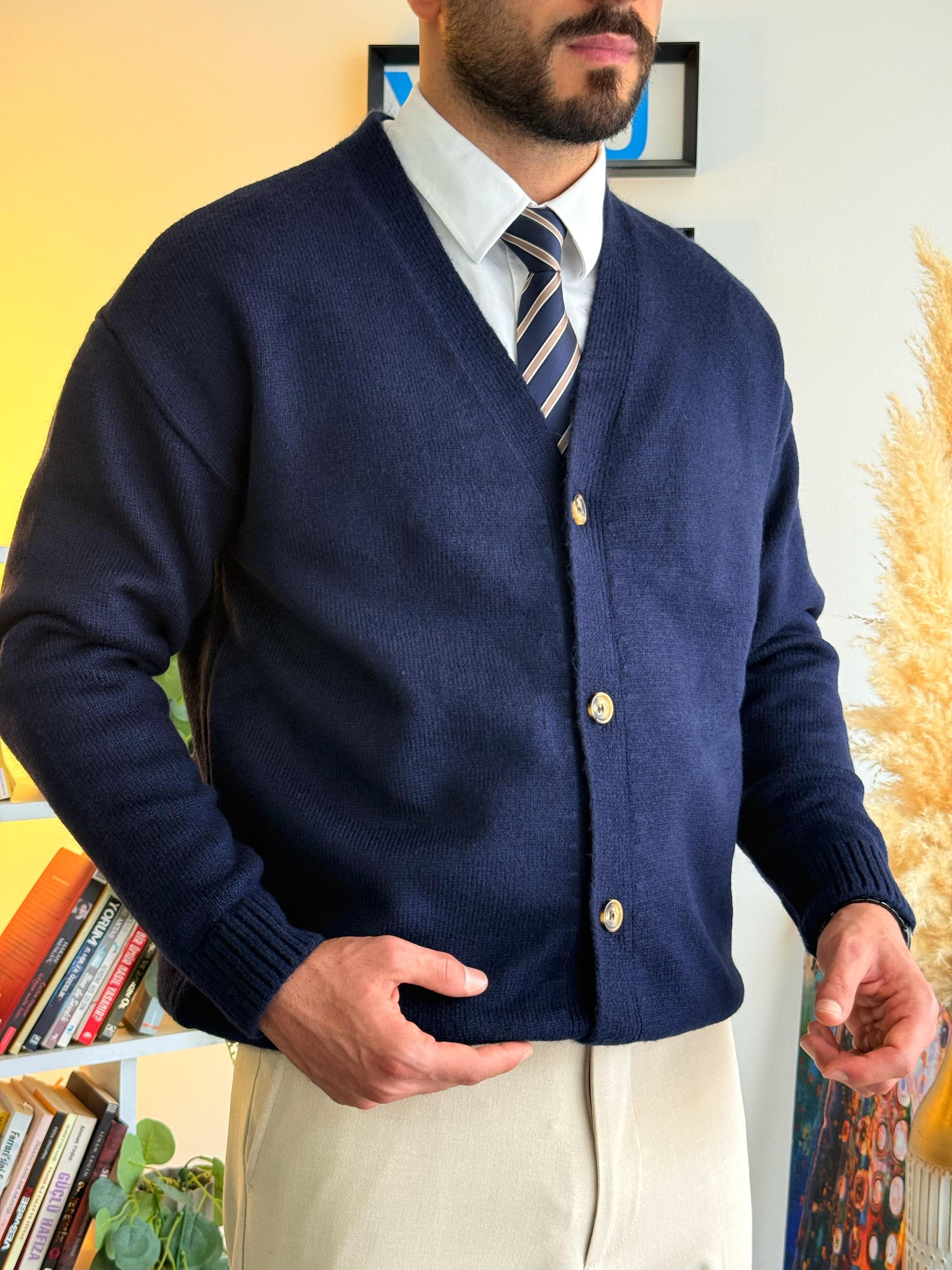 Düğmeli Örme V Yaka Hırka Lacivert