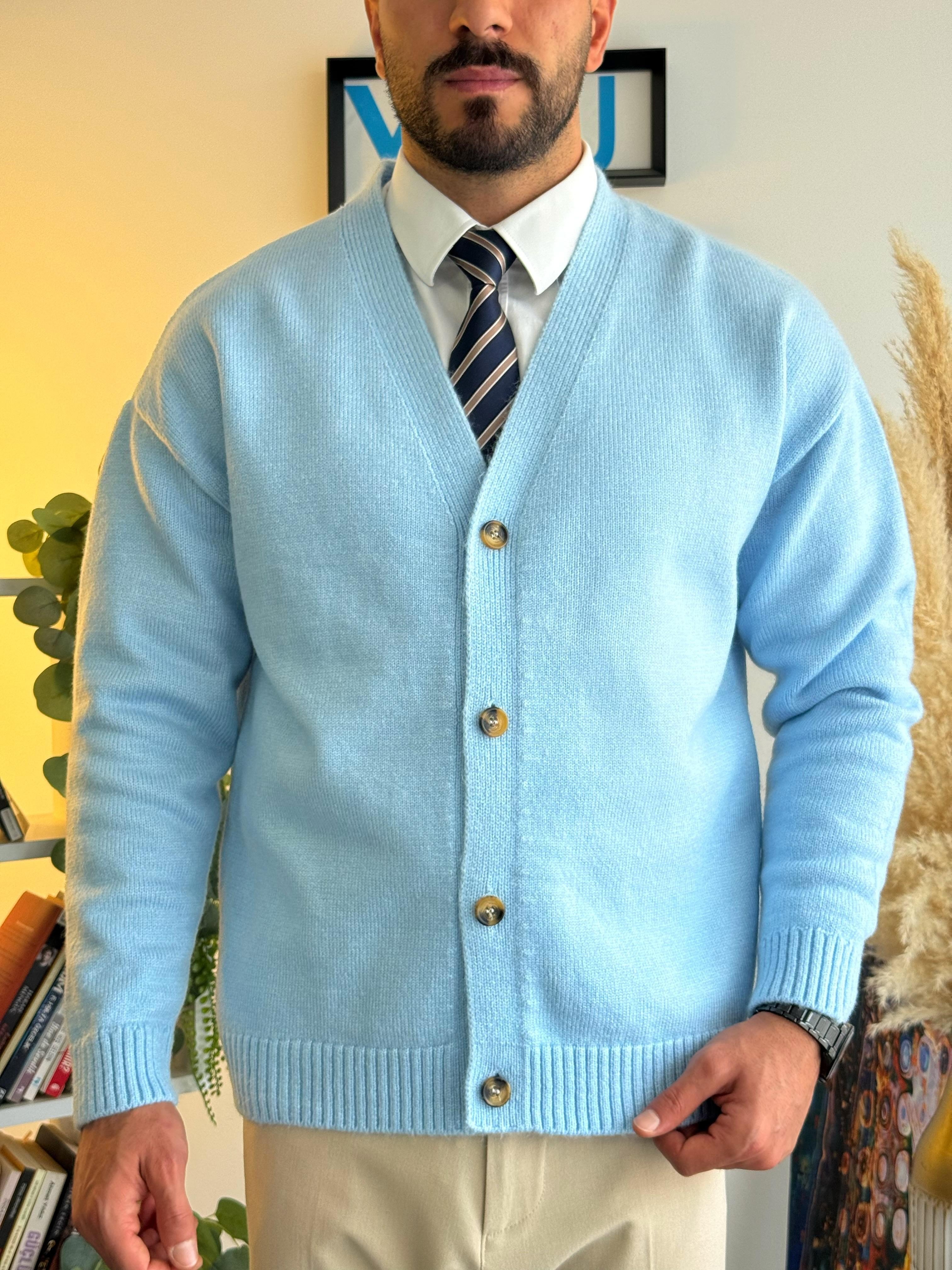 Düğmeli Örme V Yaka Hırka Mavi
