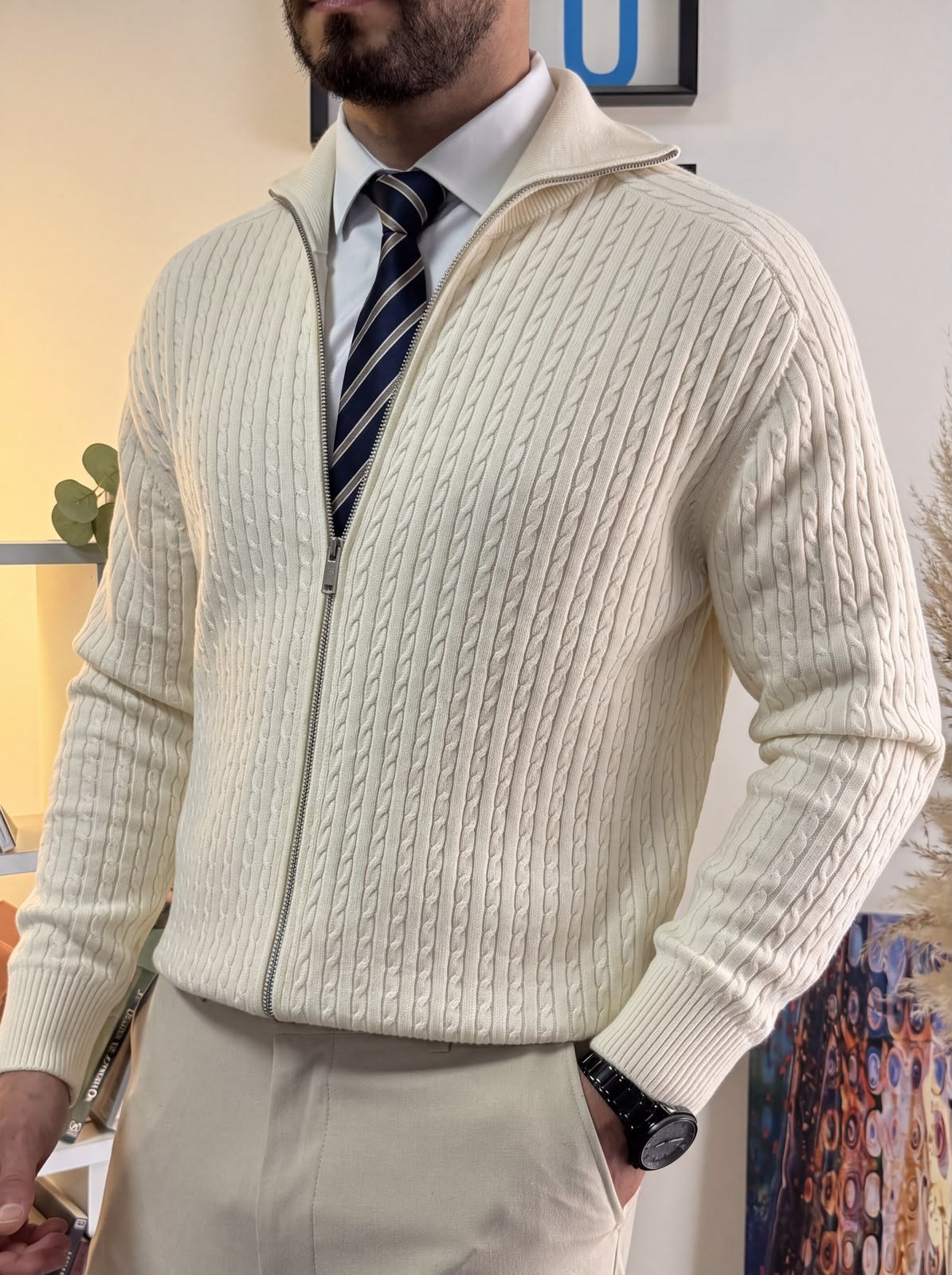 Ekru Regular Fit Halat Desenli Ribana Detaylı Triko Hırka