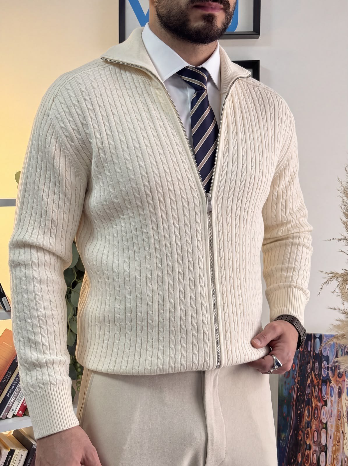 Ekru Regular Fit Halat Desenli Ribana Detaylı Triko Hırka