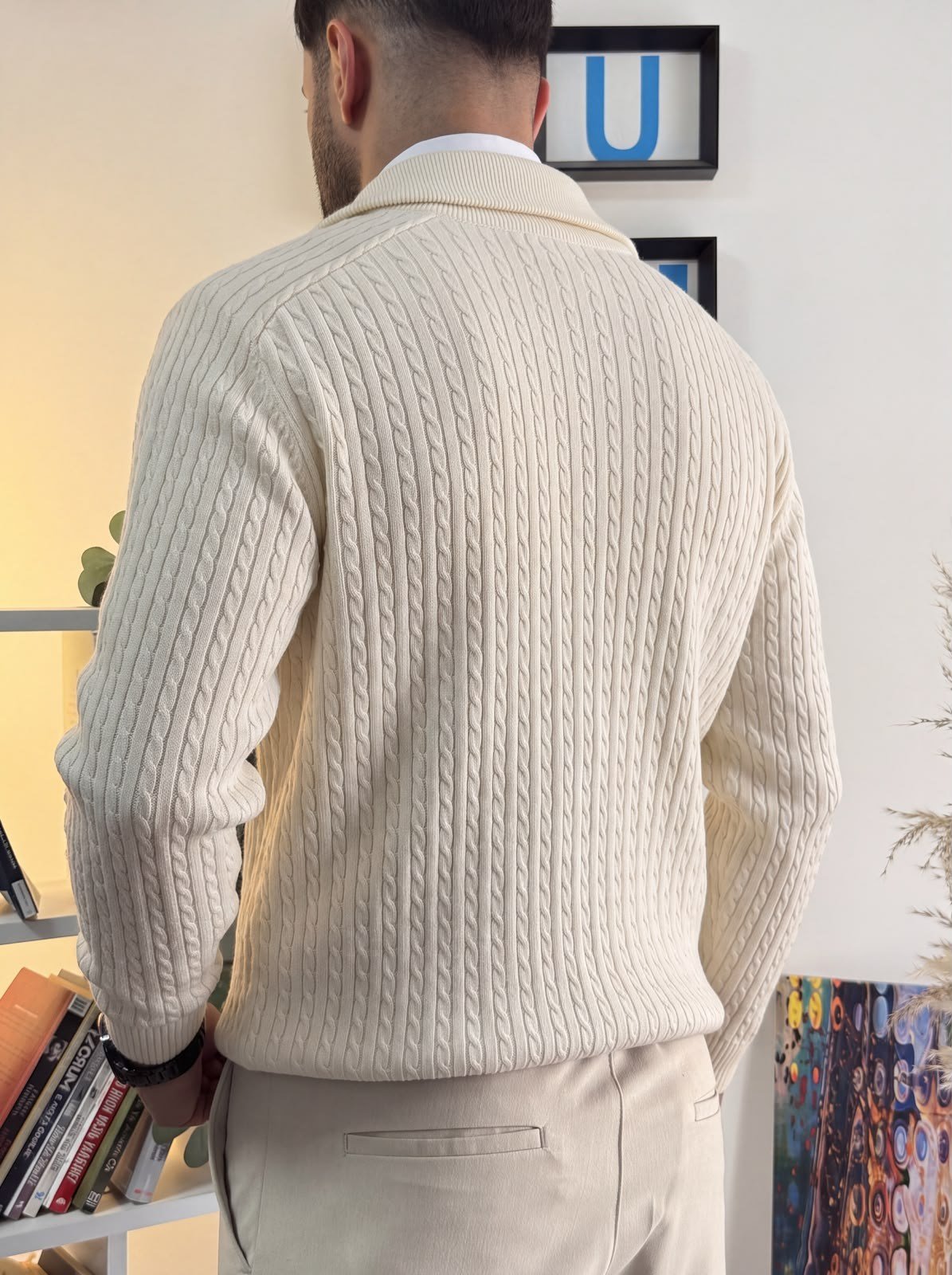 Ekru Regular Fit Halat Desenli Ribana Detaylı Triko Hırka