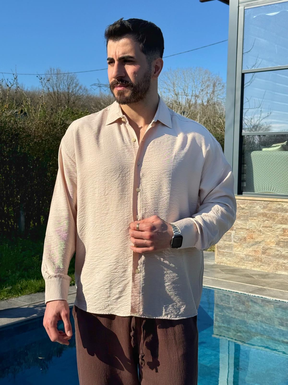 Ekru Viskon Keten Oversize Gömlek