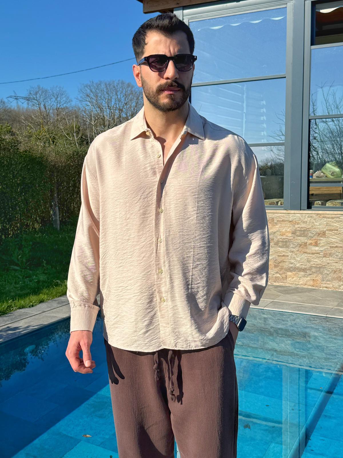 Ekru Viskon Keten Oversize Gömlek