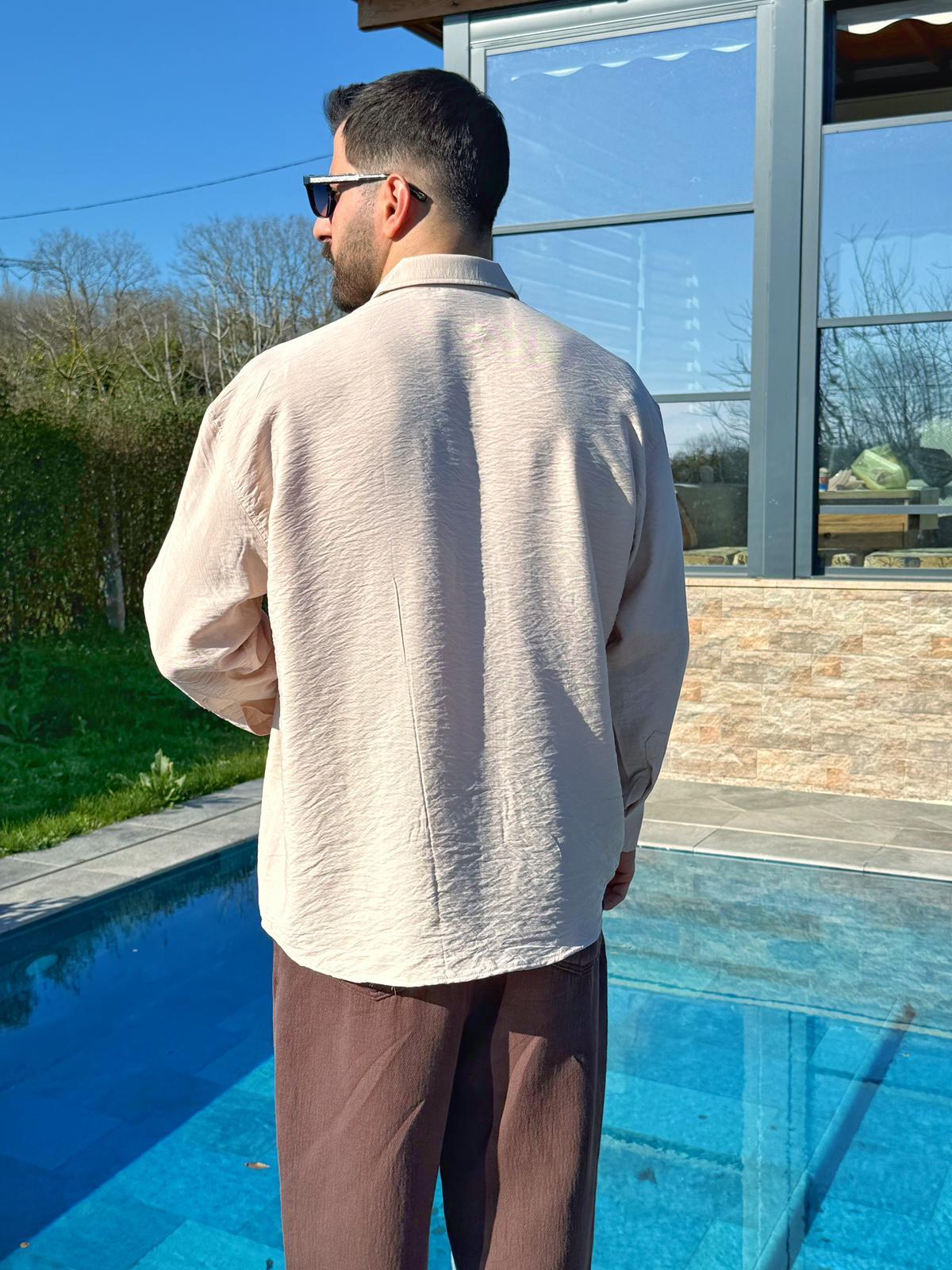 Ekru Viskon Keten Oversize Gömlek