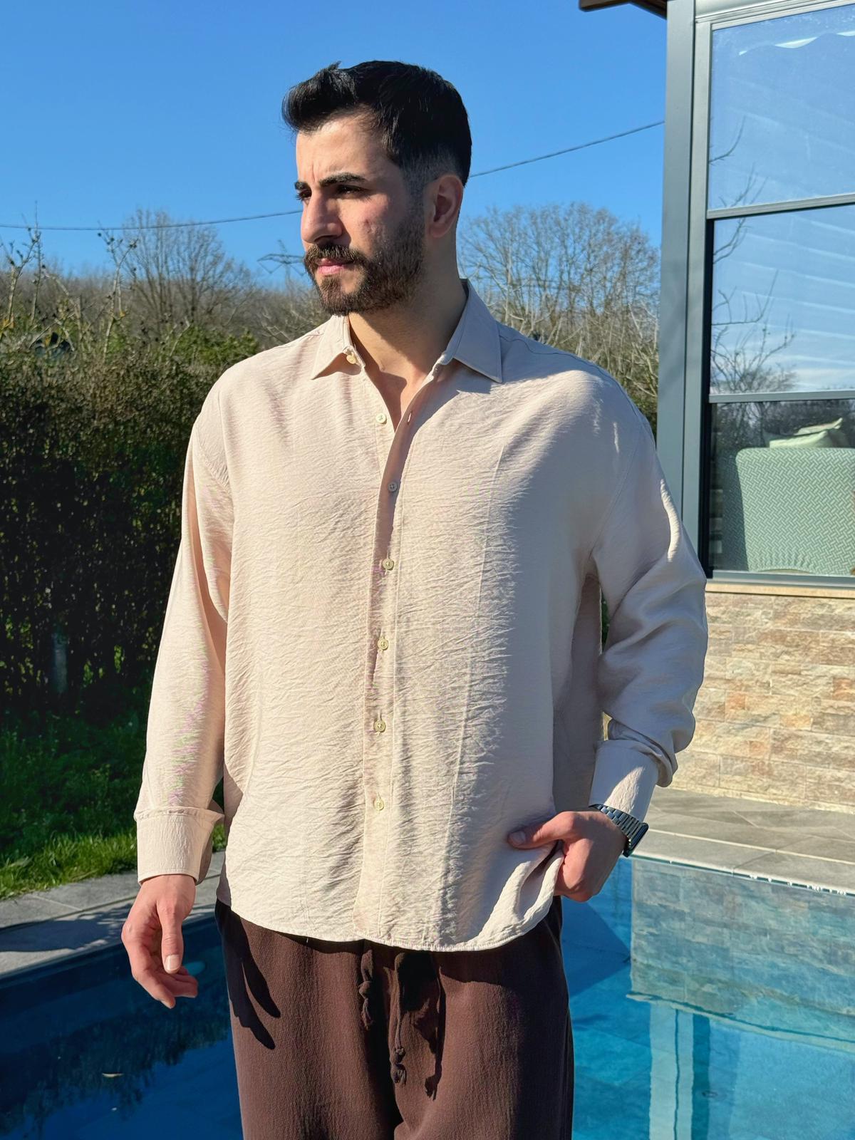 Ekru Viskon Keten Oversize Gömlek