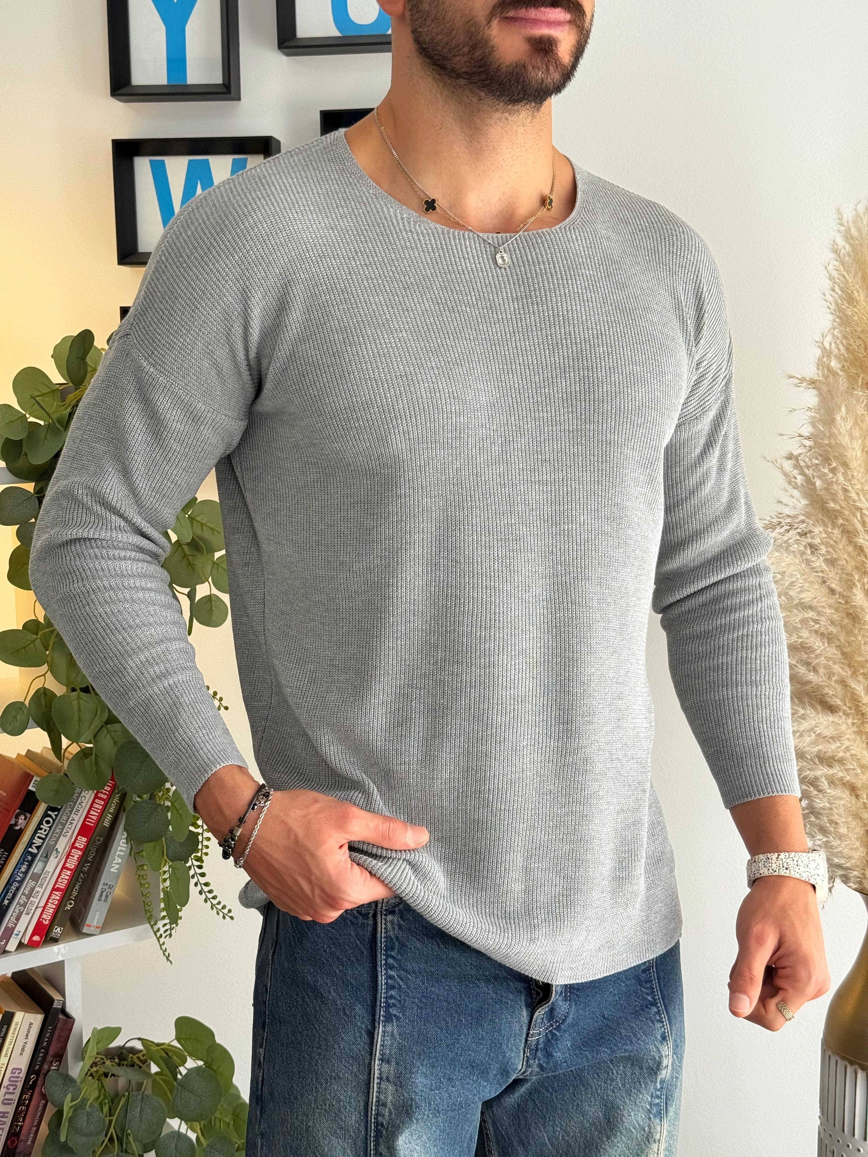 Gri Açık Yaka İnce Triko Sweat 