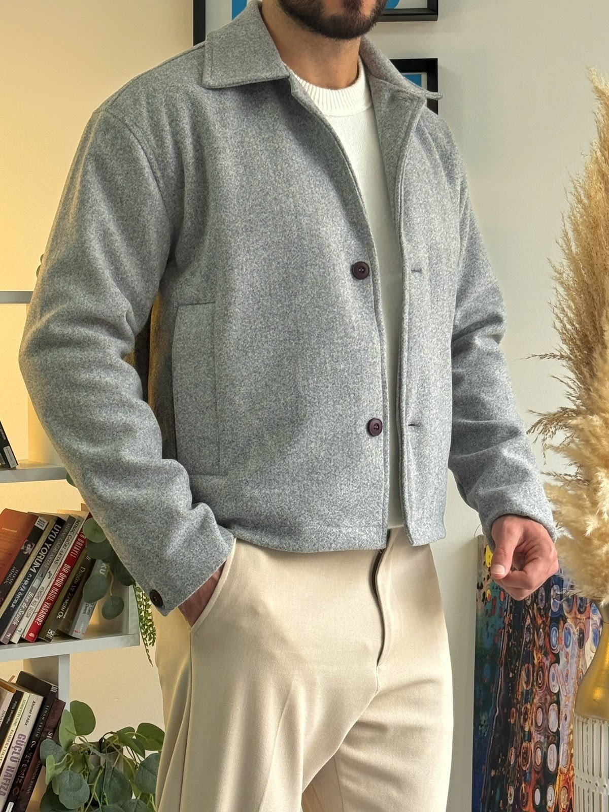 Gri Crop Kesim Kaşe Ceket