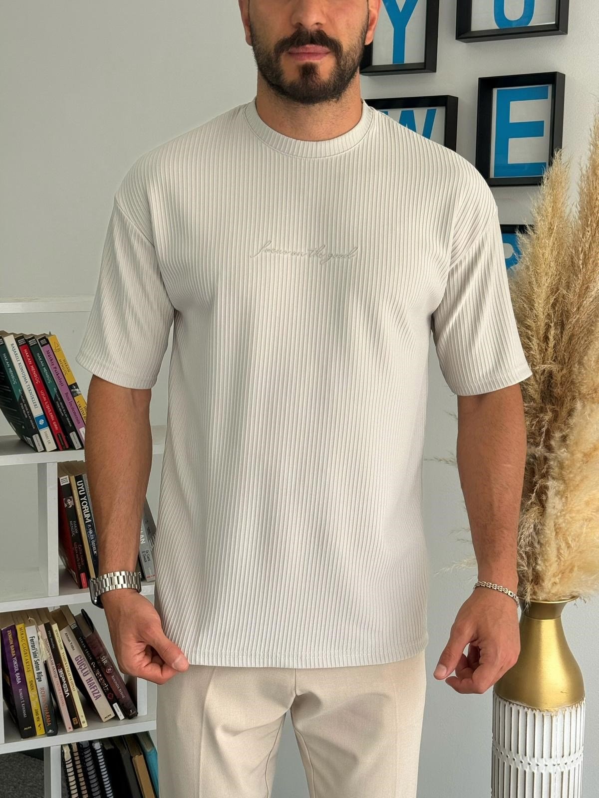 Gri Gövde Baskılı Fitilli Basic T-Shirt