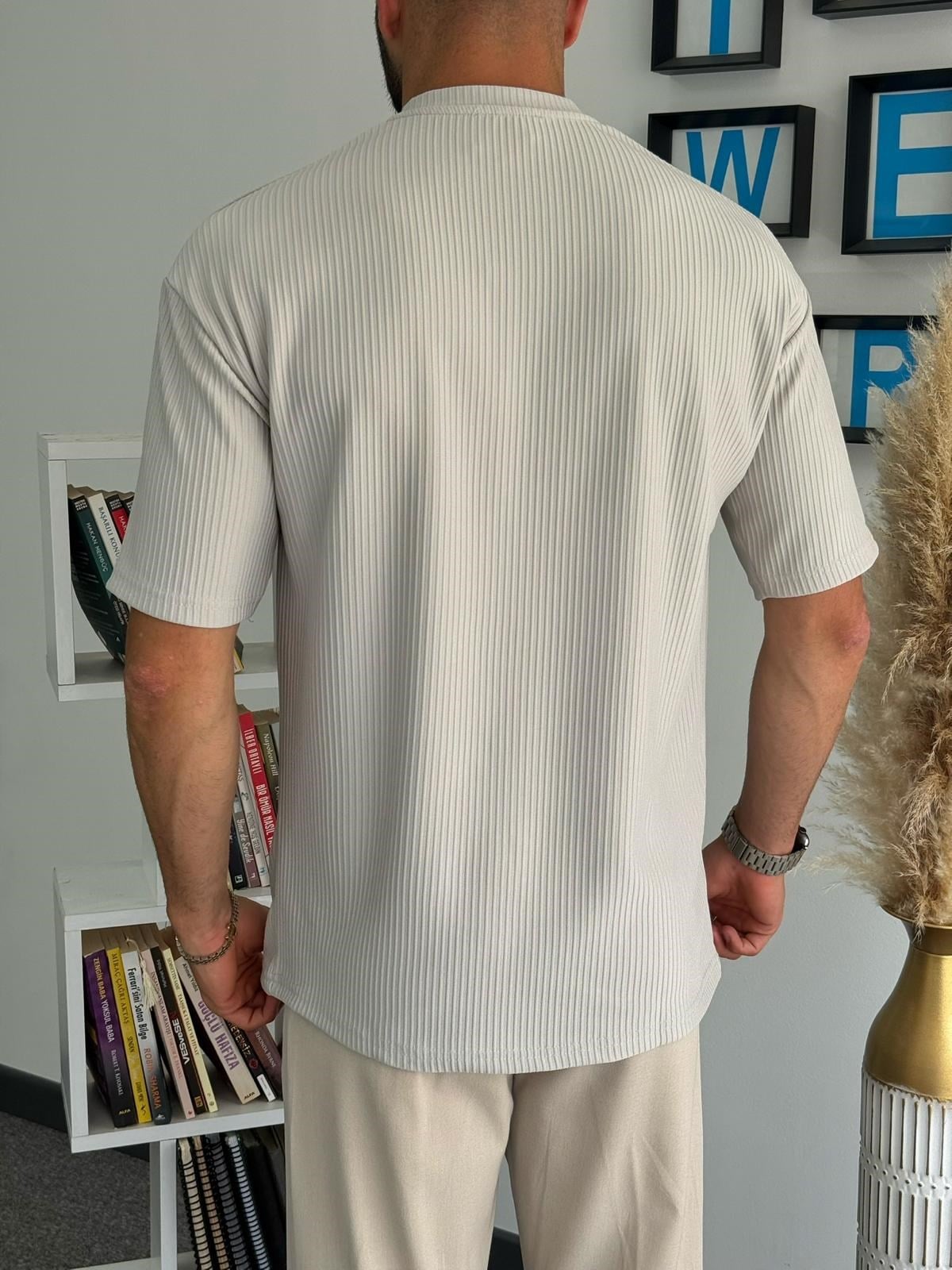 Gri Gövde Baskılı Fitilli Basic T-Shirt