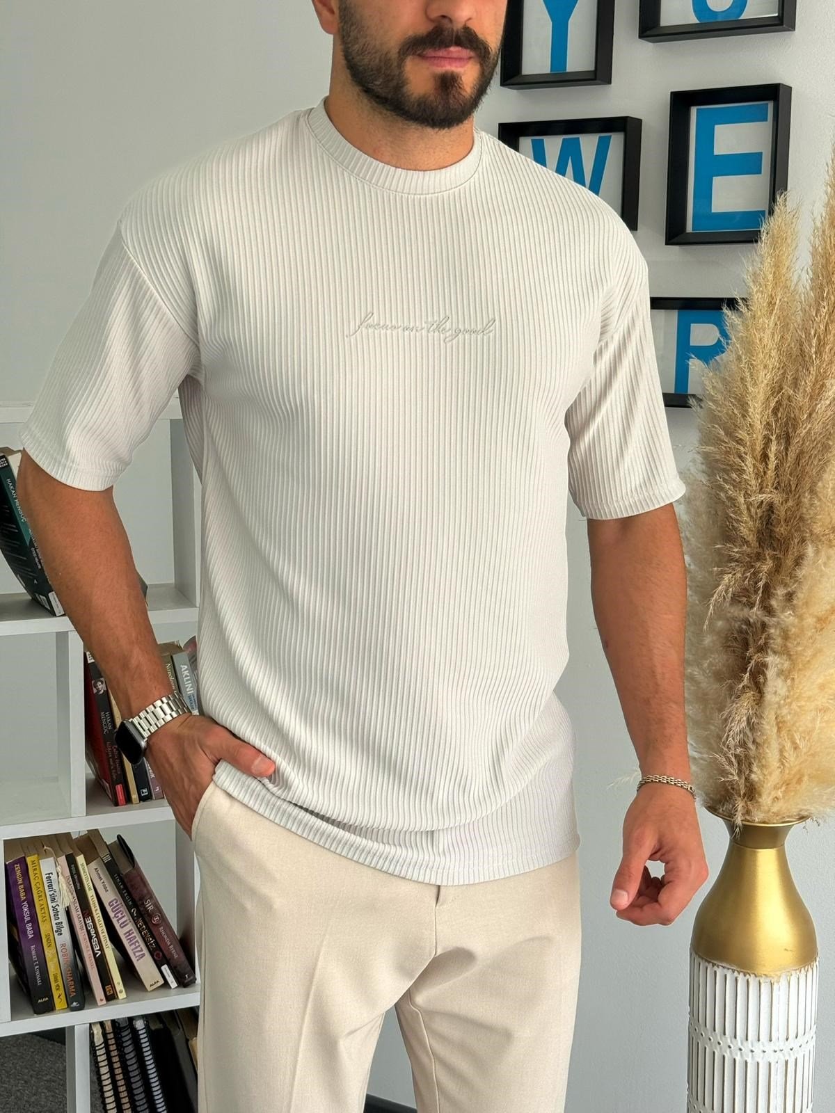 Gri Gövde Baskılı Fitilli Basic T-Shirt
