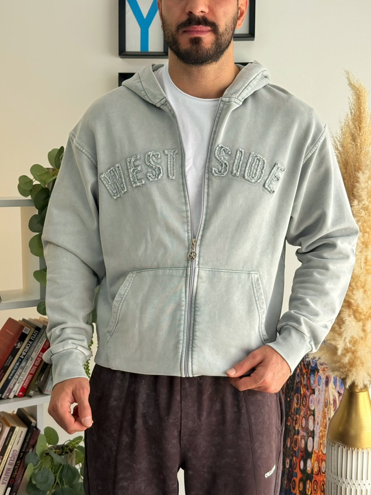 Gri Oversize Pamuklu Yıkamalı Hırka