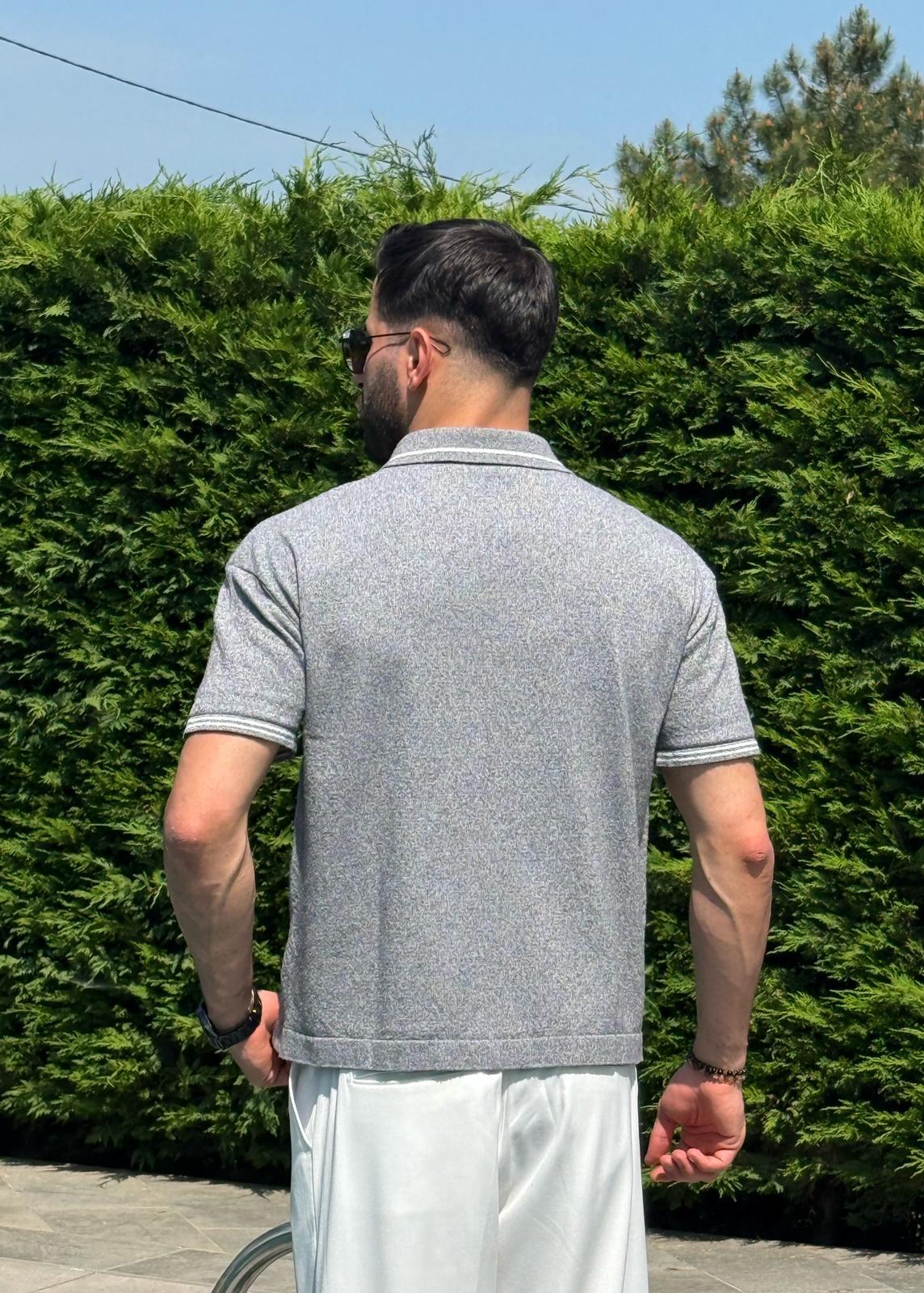 Gri Yazlık Dokulu Polo Yaka Triko Tişört