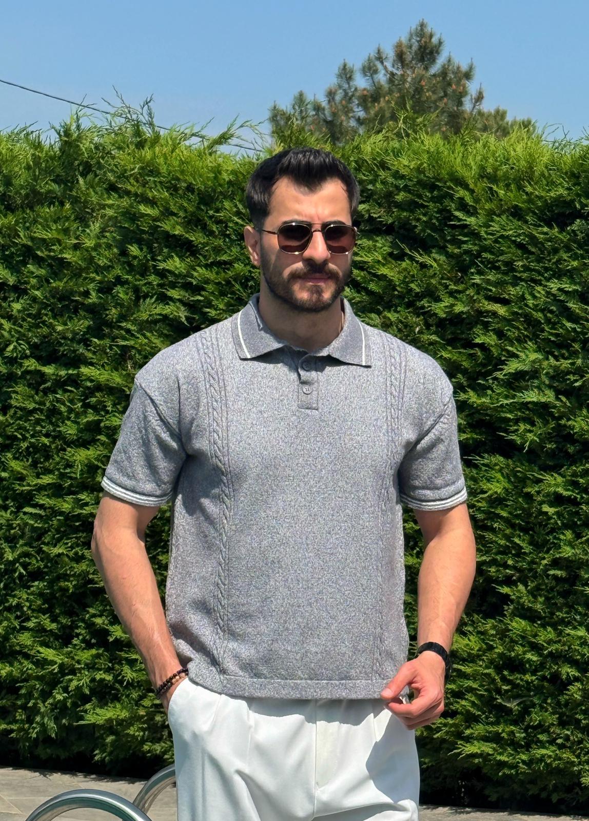 Gri Yazlık Dokulu Polo Yaka Triko Tişört