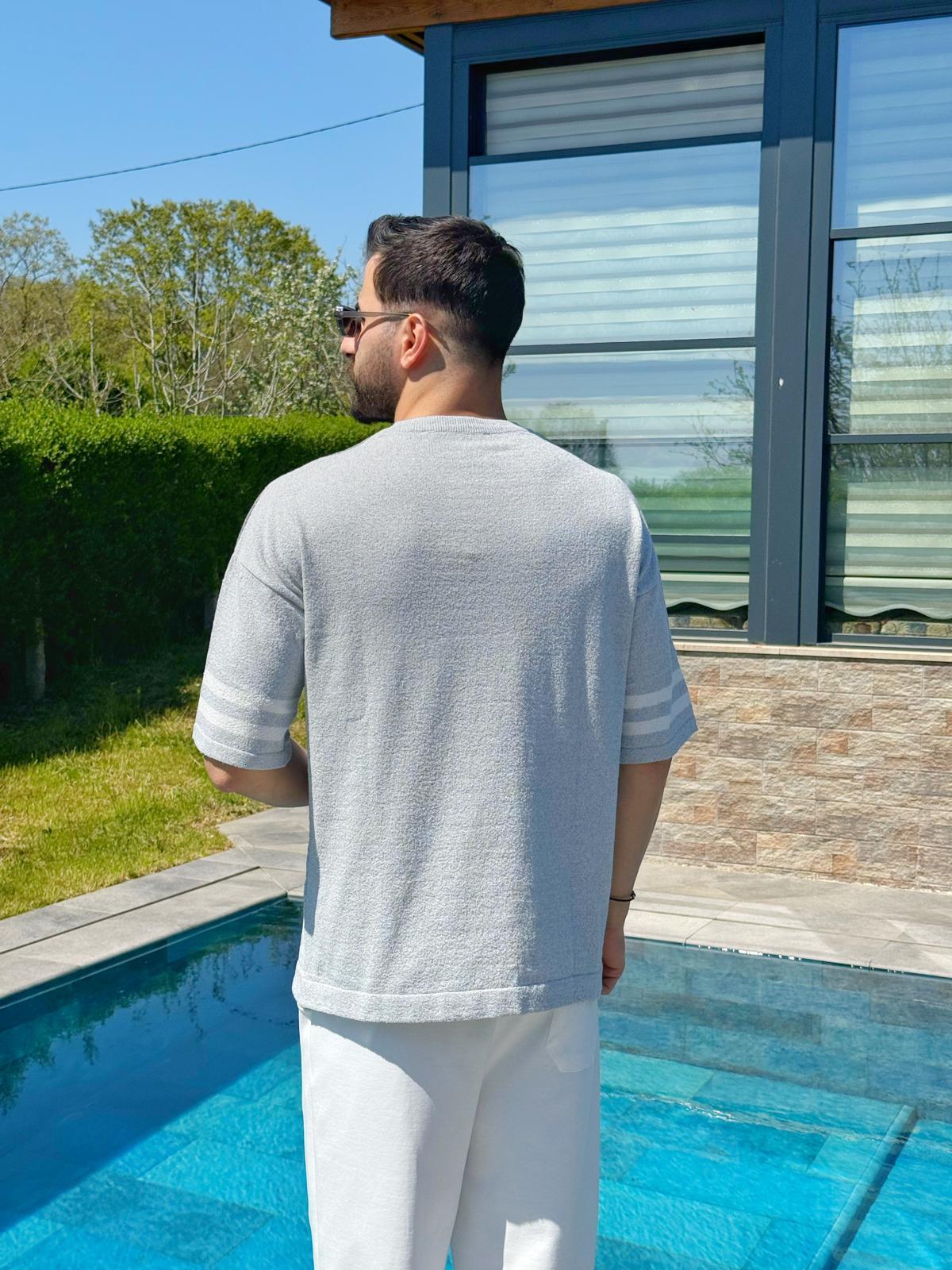 Gri Yazlık Parçalı Polo Yaka Oversize Triko Tişört