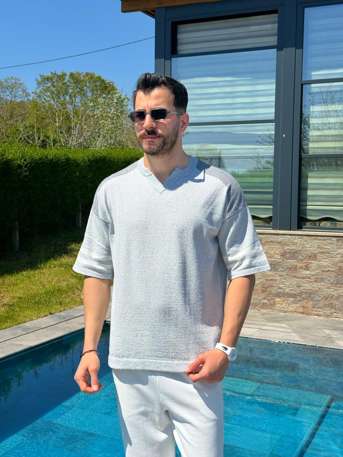 Gri Yazlık Parçalı Polo Yaka Oversize Triko Tişört