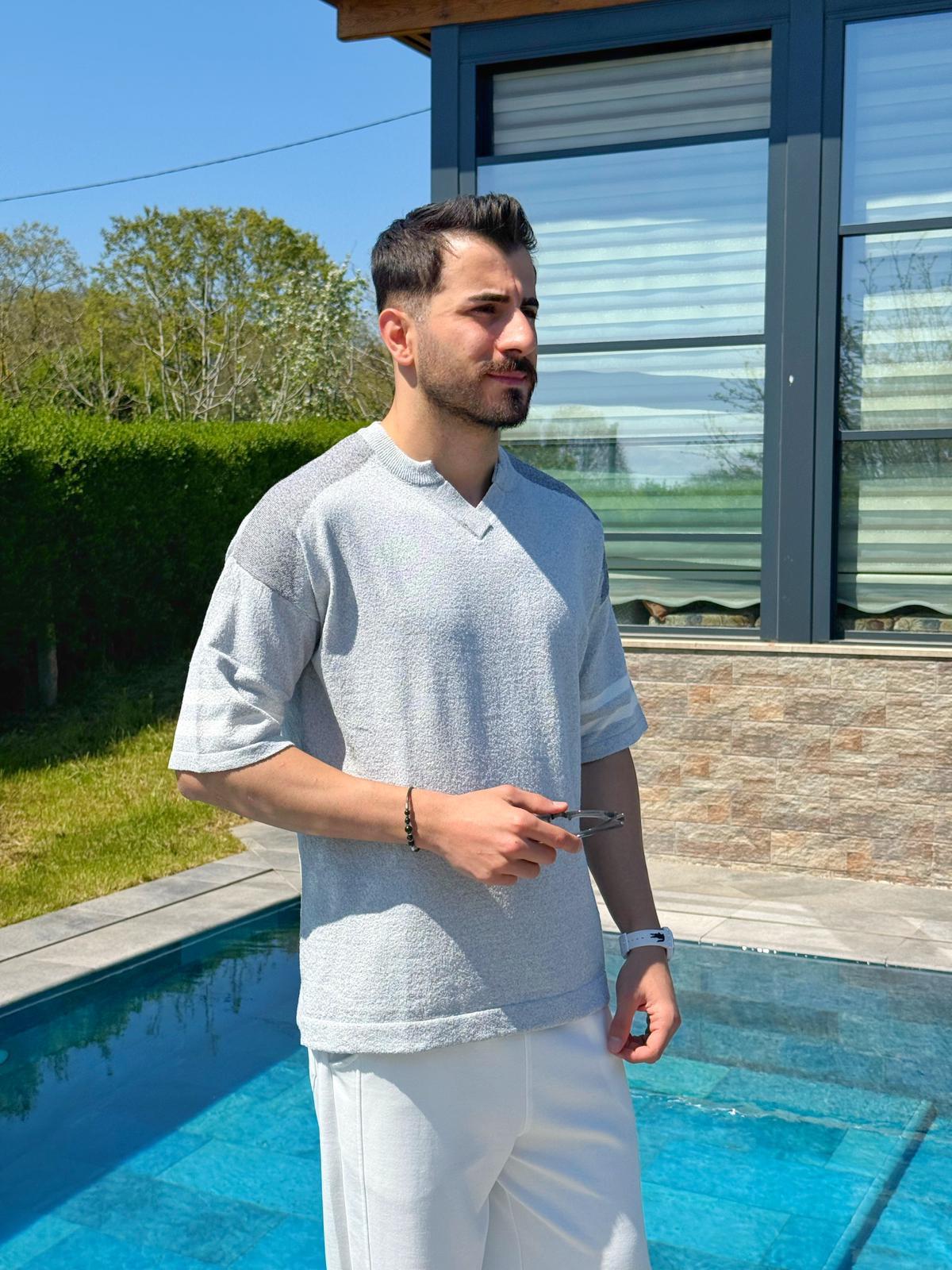 Gri Yazlık Parçalı Polo Yaka Oversize Triko Tişört