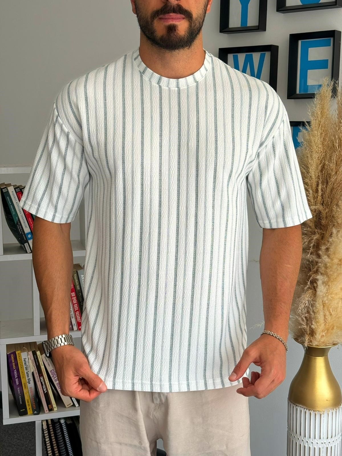 Gri-Yeşil Yarım Oversize çizgili Bisiliklet Yaka T-Shirt