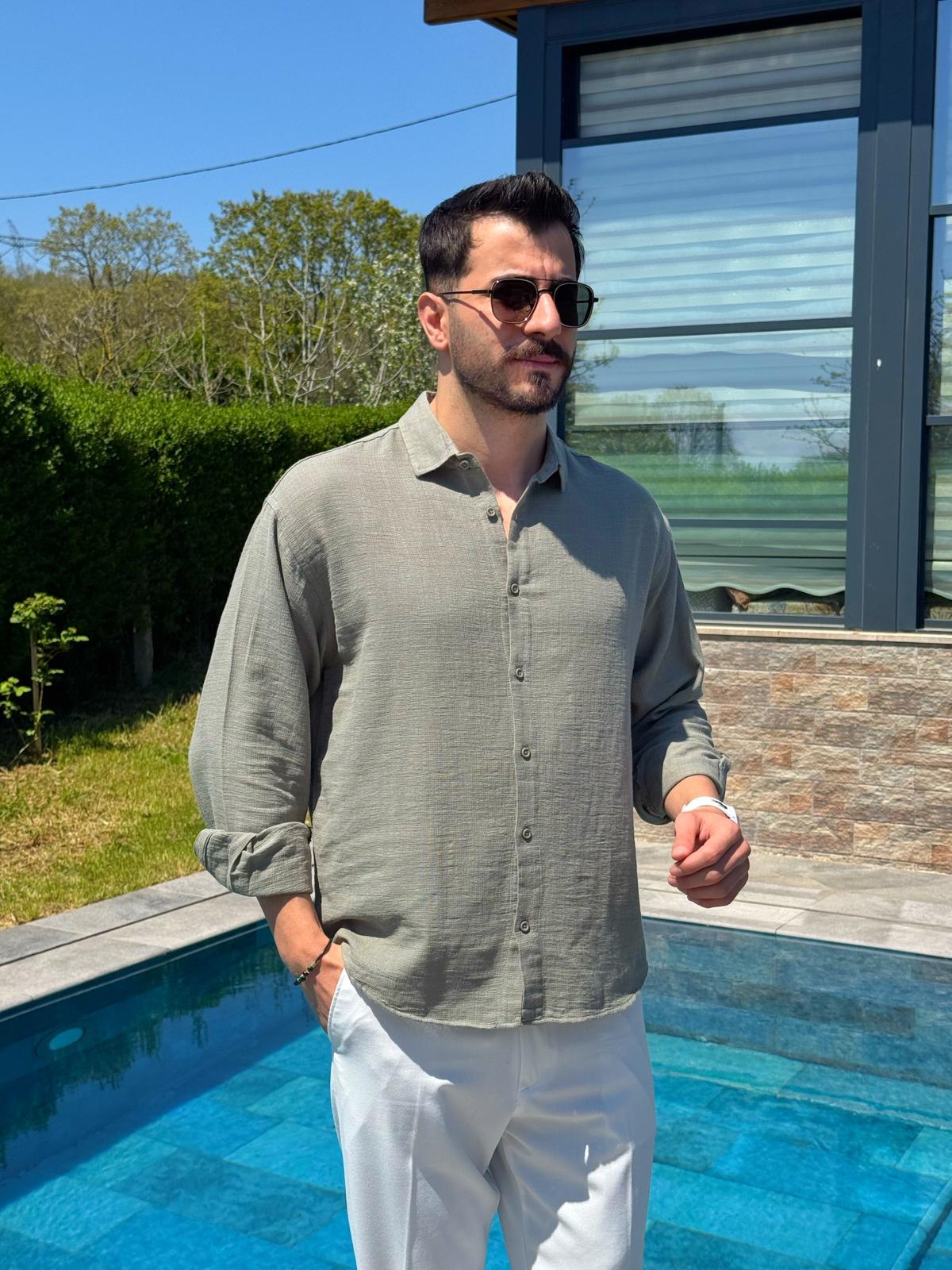 Haki Ham Keten Yazlık Yarım Oversize Gömlek