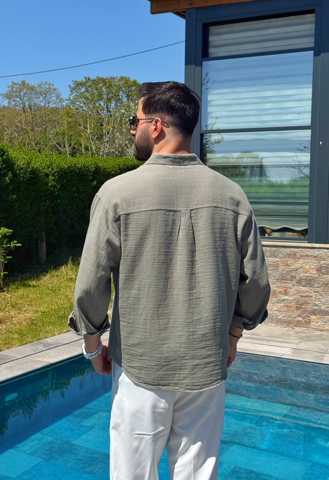 Haki Ham Keten Yazlık Yarım Oversize Gömlek