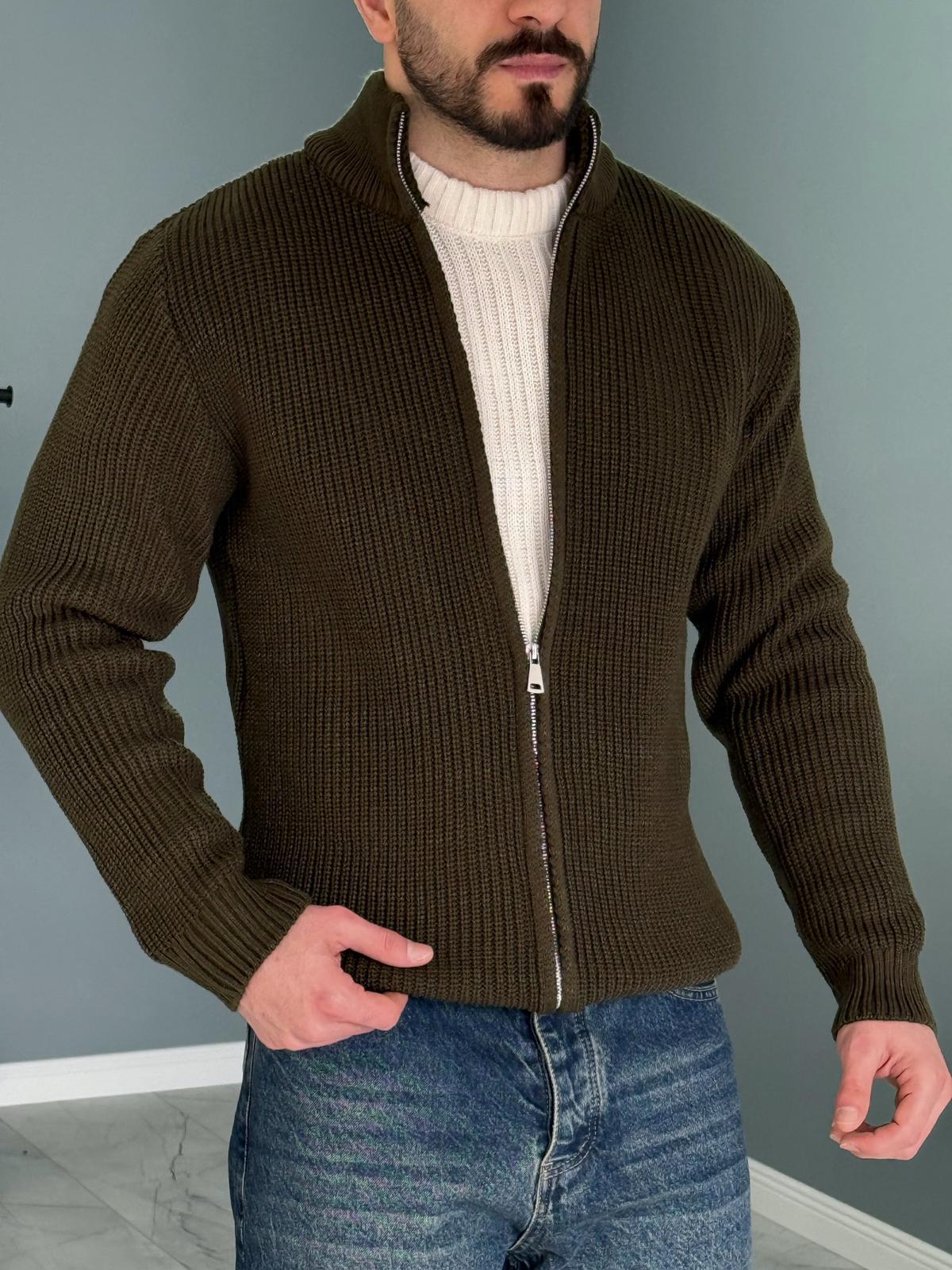 Haki Yeşil Premium Zip Knit Hırka
