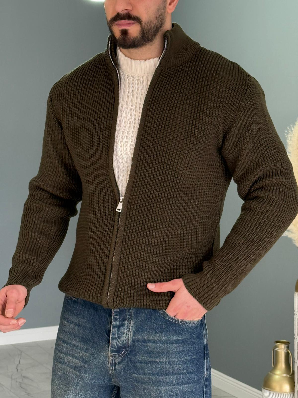 Haki Yeşil Premium Zip Knit Hırka
