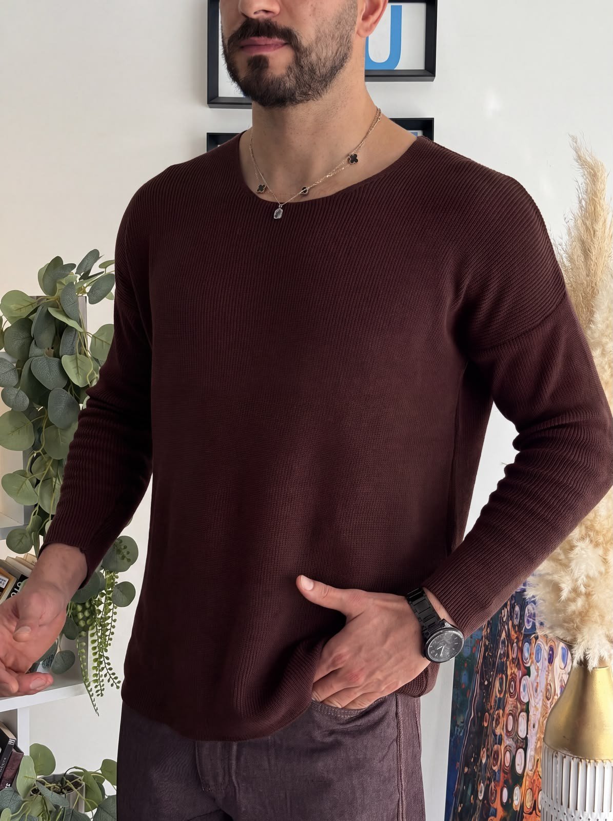 Kahverengi Açık Yaka İnce Triko Sweat