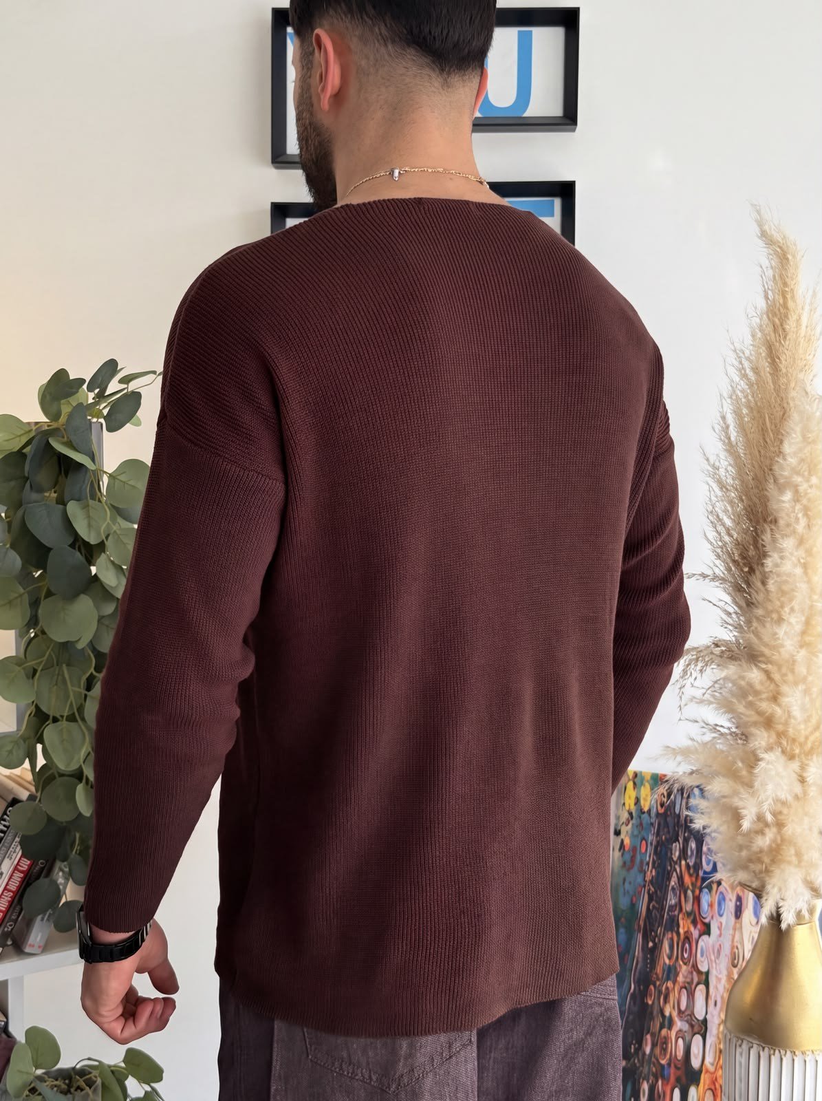 Kahverengi Açık Yaka İnce Triko Sweat