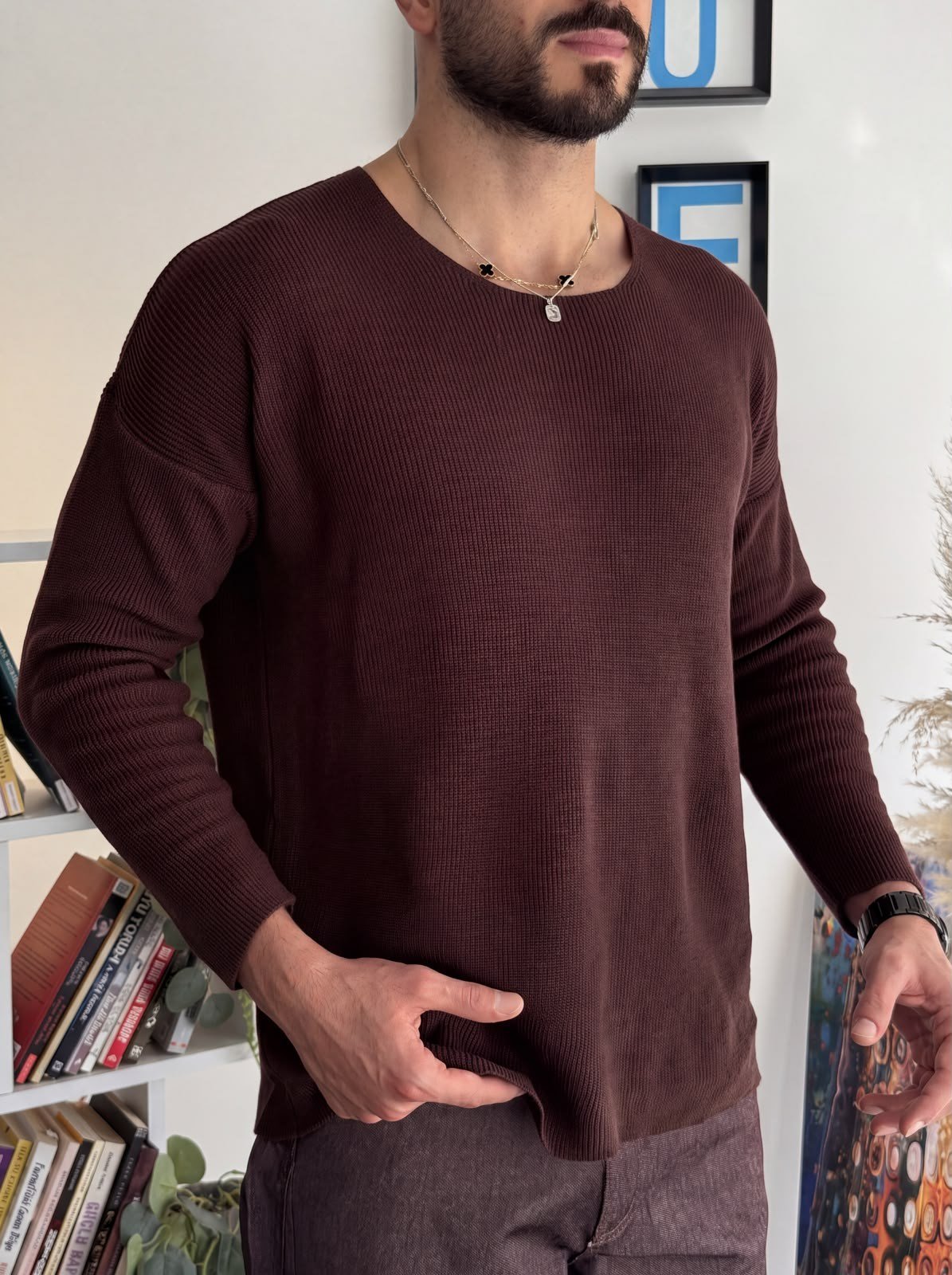 Kahverengi Açık Yaka İnce Triko Sweat