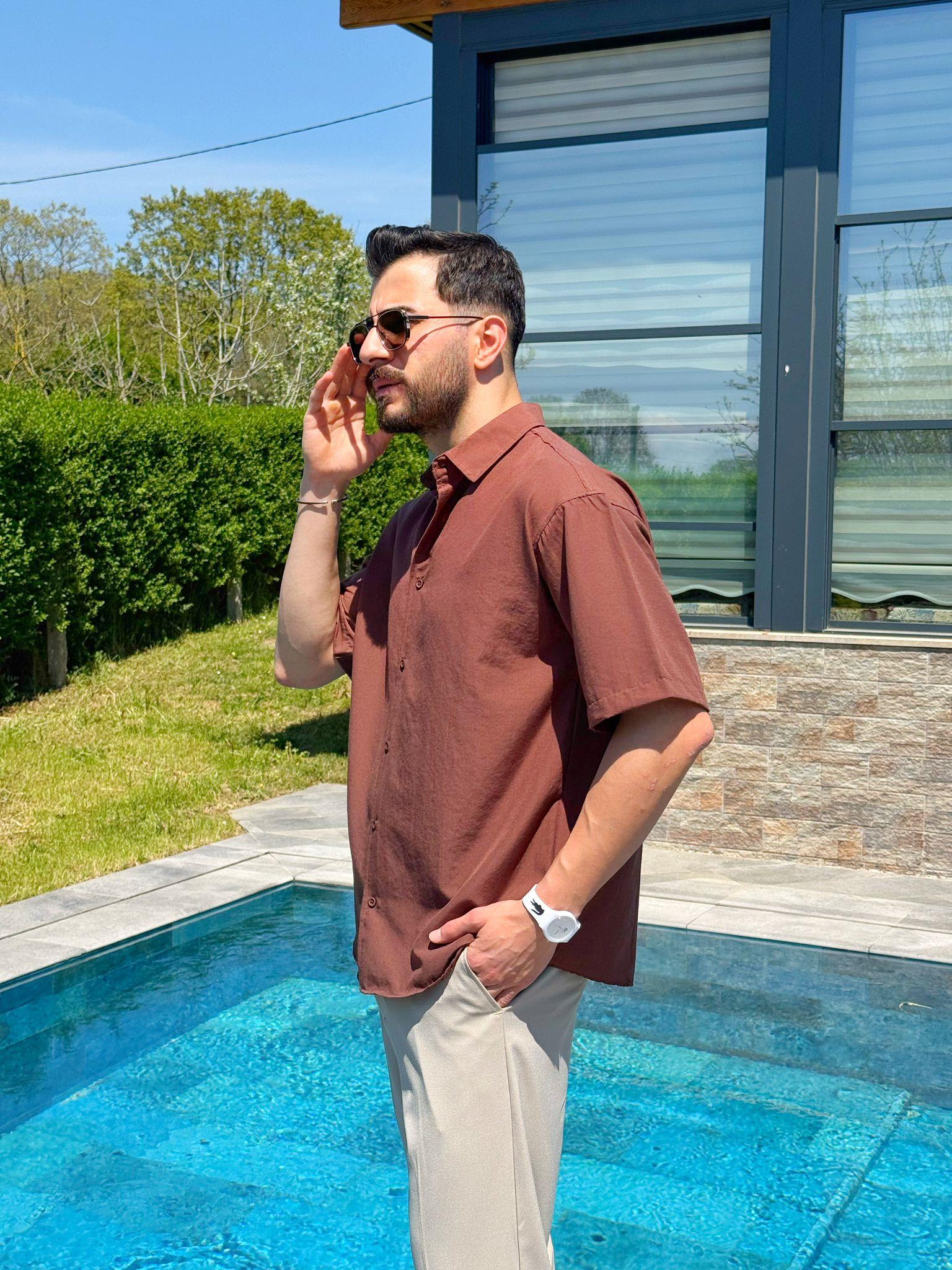 Kahverengi Flam Kumaş Yazlık Oversize Kısa Kol Gömlek