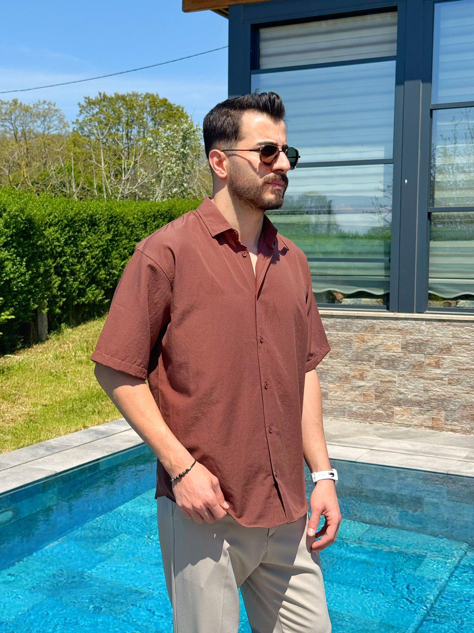Kahverengi Flam Kumaş Yazlık Oversize Kısa Kol Gömlek