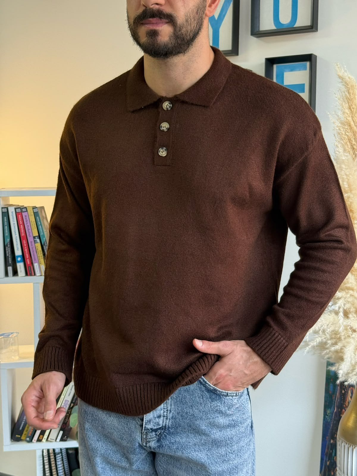 Kahverengi Gramajlı Oversize Polo Kazak