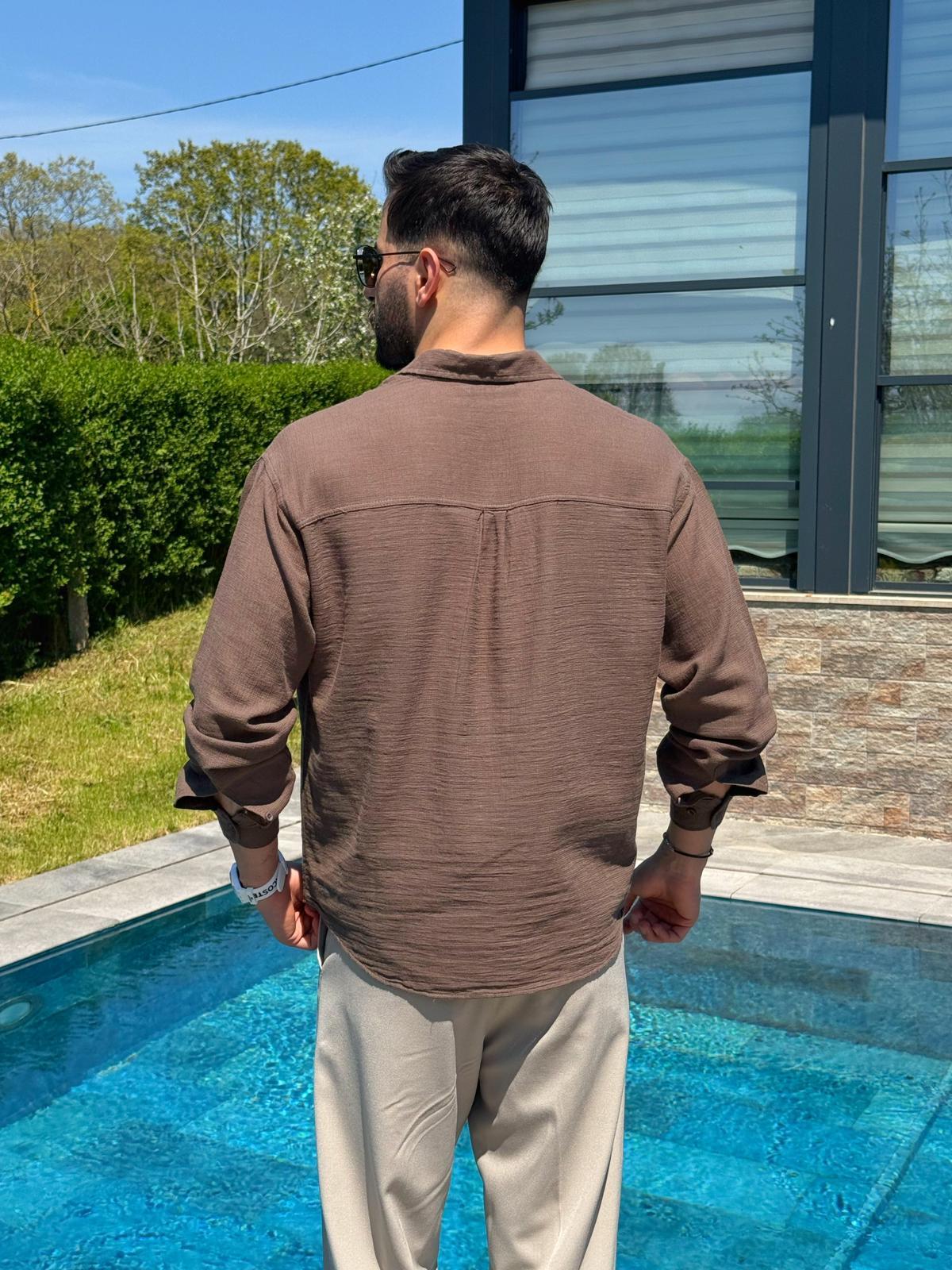 Kahverengi Ham Keten Yazlık Yarım Oversize Gömlek