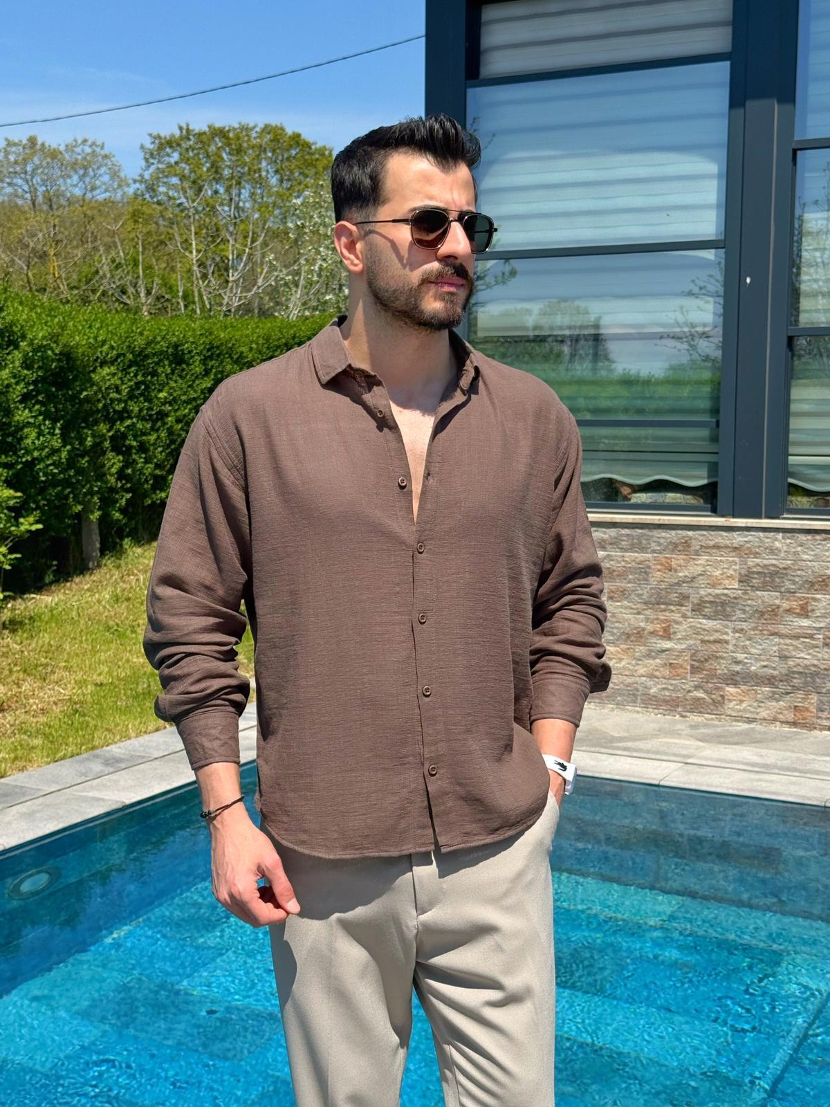 Kahverengi Ham Keten Yazlık Yarım Oversize Gömlek