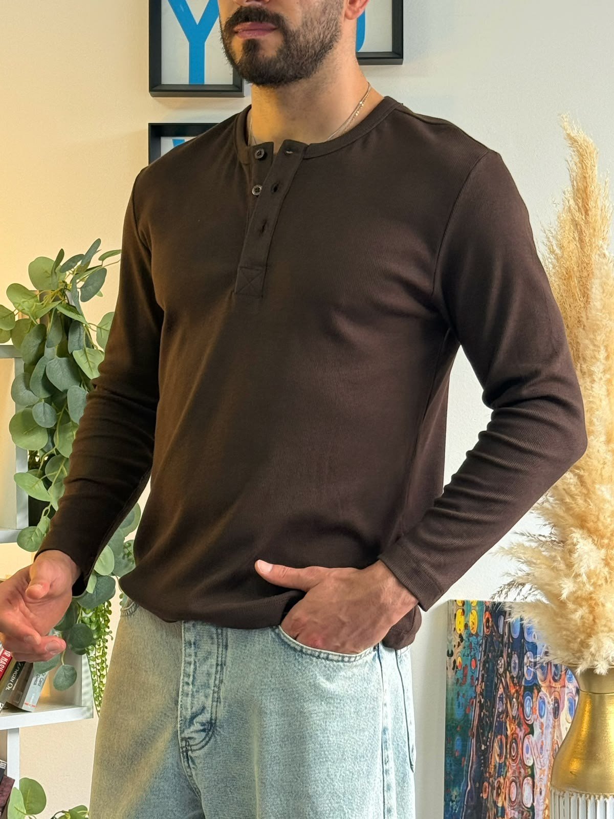 Kahverengi Henley Yaka Uzun Kollu Sweat