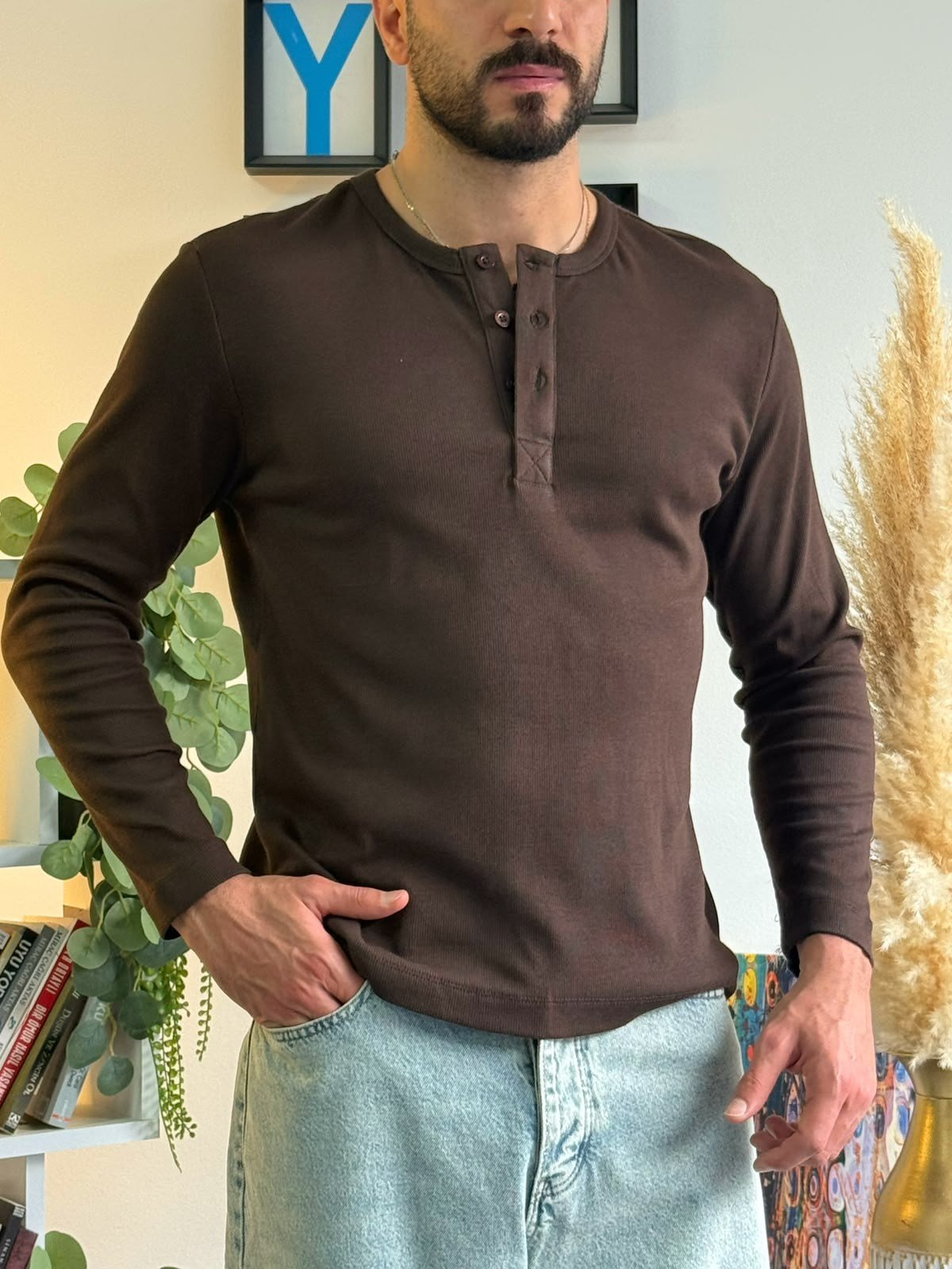 Kahverengi Henley Yaka Uzun Kollu Sweat