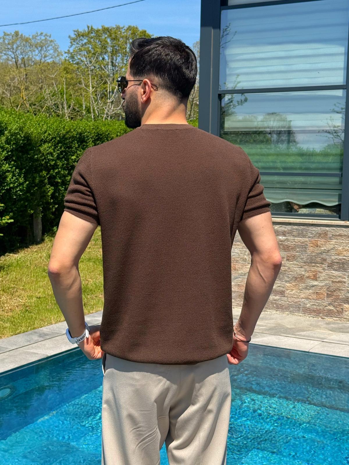 Kahverengi İnce Dokulu Yazlık Tam Kalıp Pamuklu Triko T-Shirt