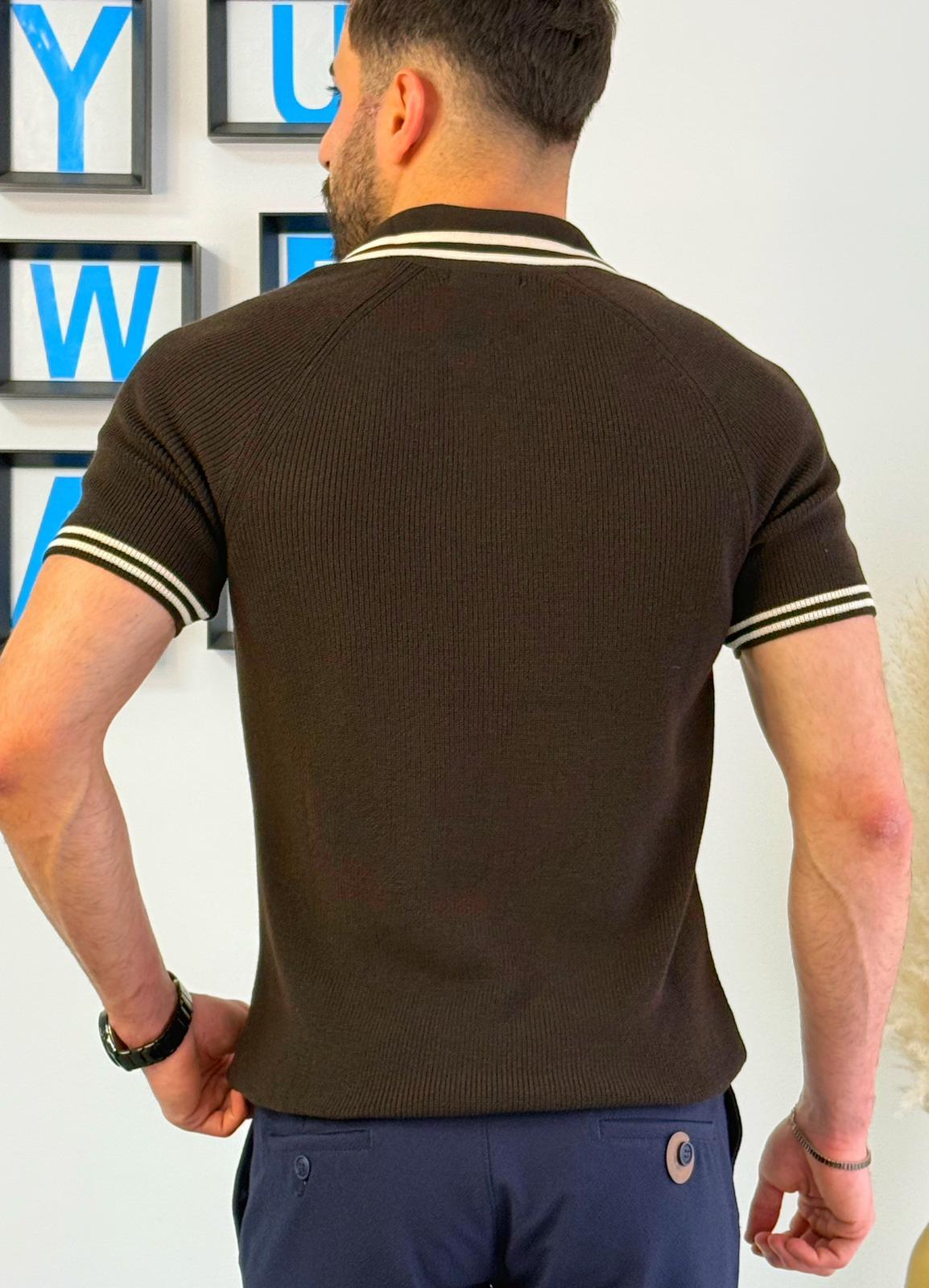 Kahverengi Nakış Armalı Triko Fermuarlı Polo T-Shirt