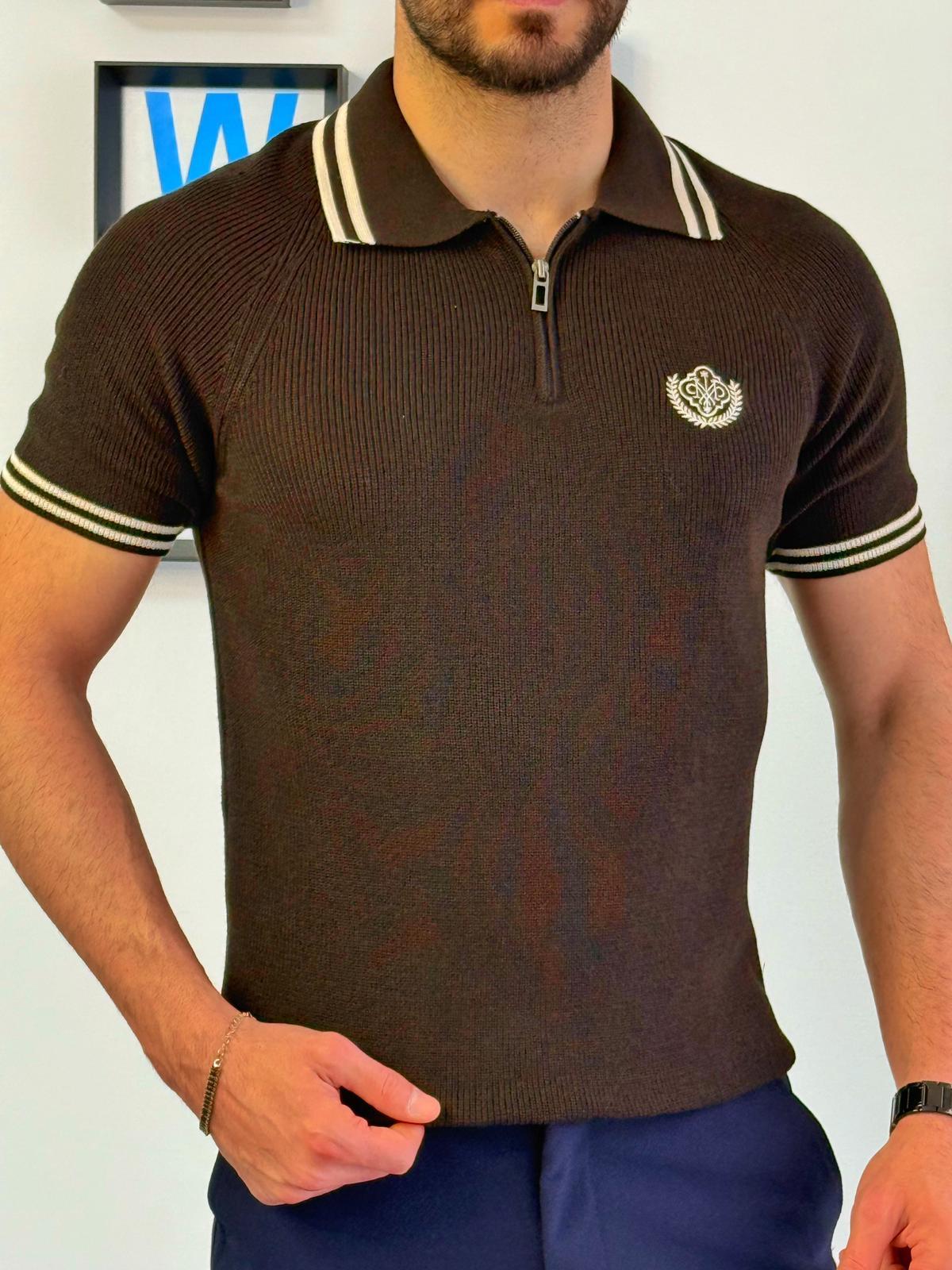 Kahverengi Nakış Armalı Triko Fermuarlı Polo T-Shirt