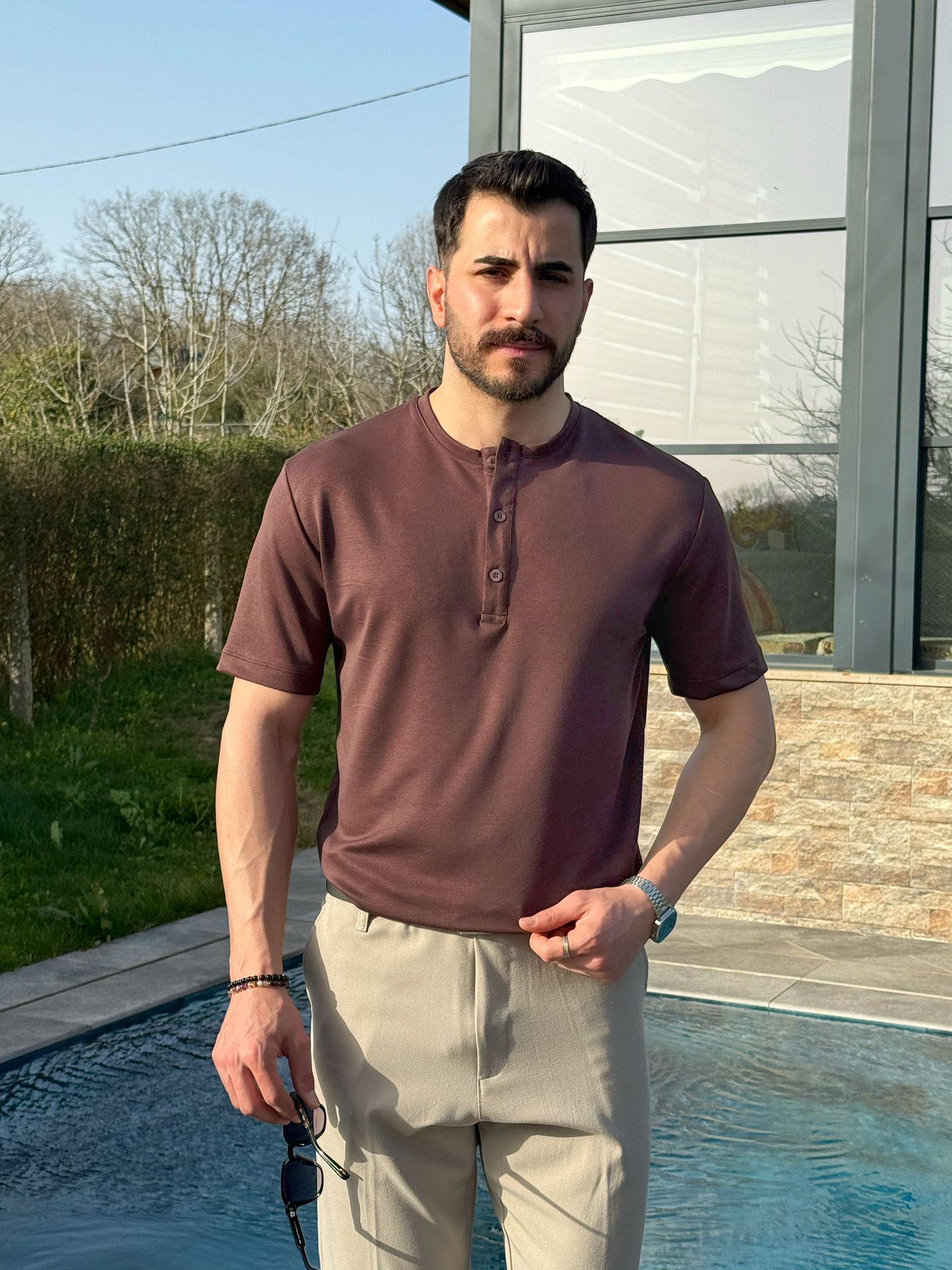 Kahverengi Osyh Kumaş Oval Kesim T-Shirt