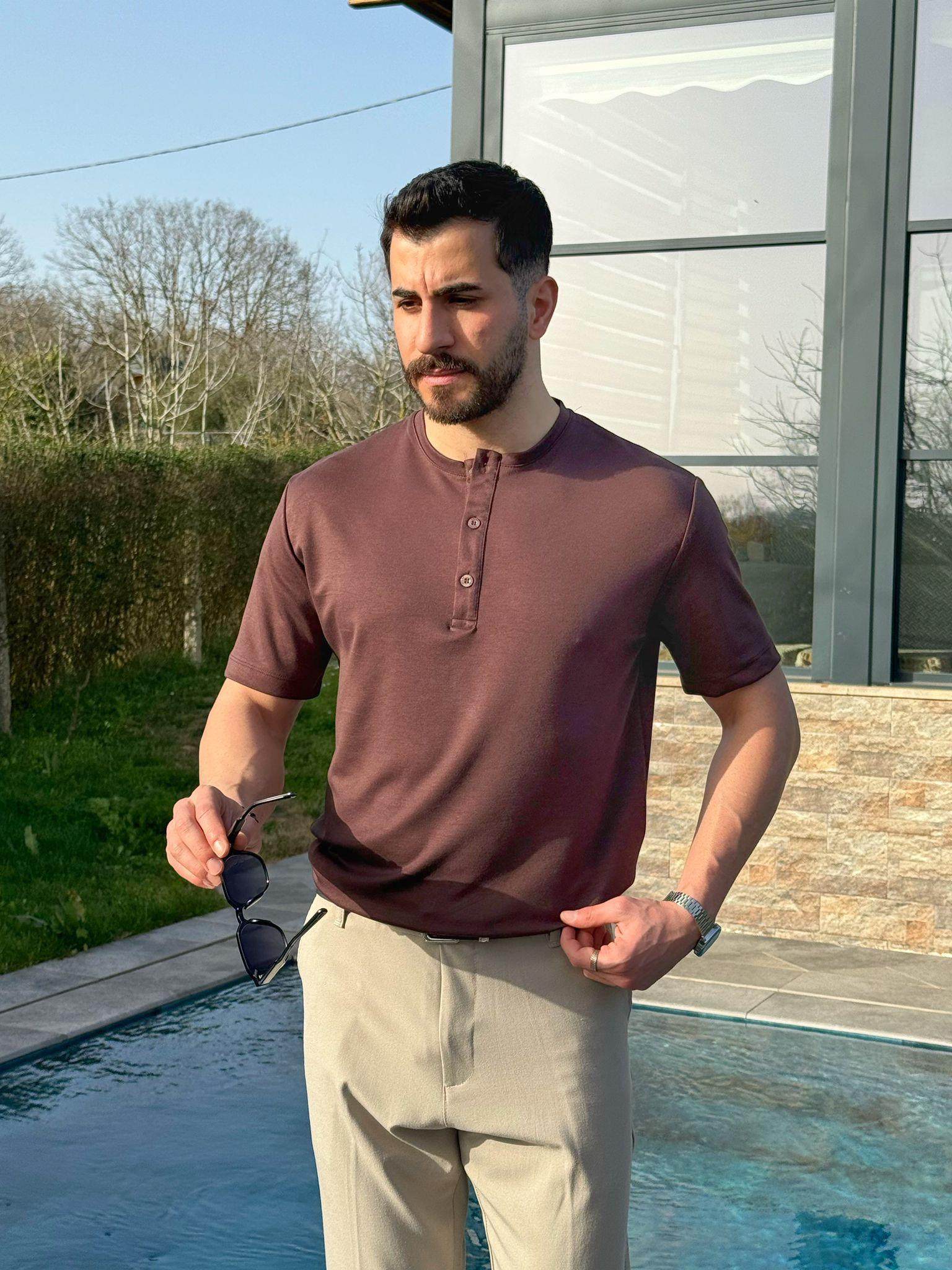 Kahverengi Osyh Kumaş Oval Kesim T-Shirt