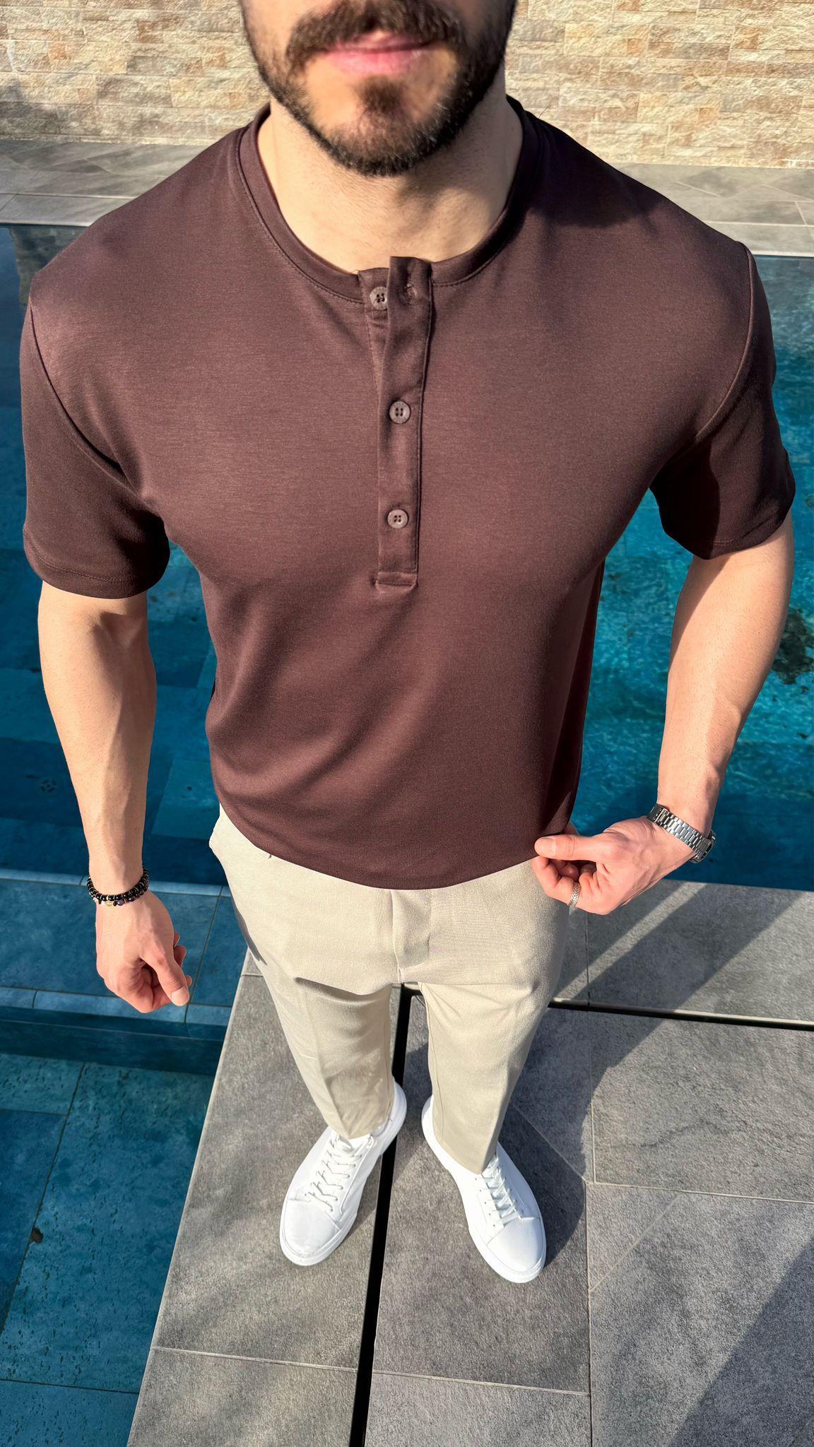 Kahverengi Osyh Kumaş Oval Kesim T-Shirt