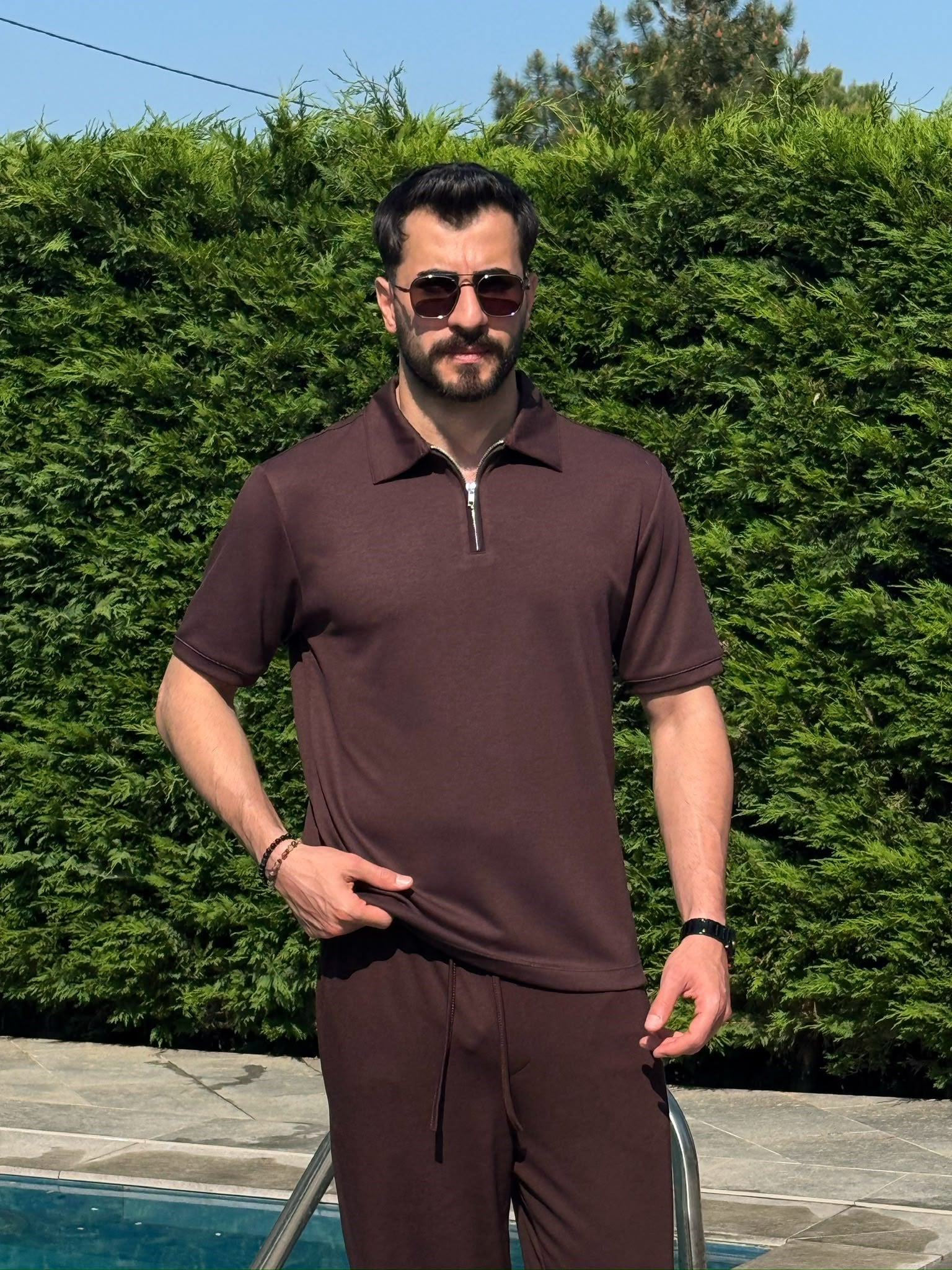 Kahverengi Osyh Kumaş Yarım Fermuarlı T-Shirt