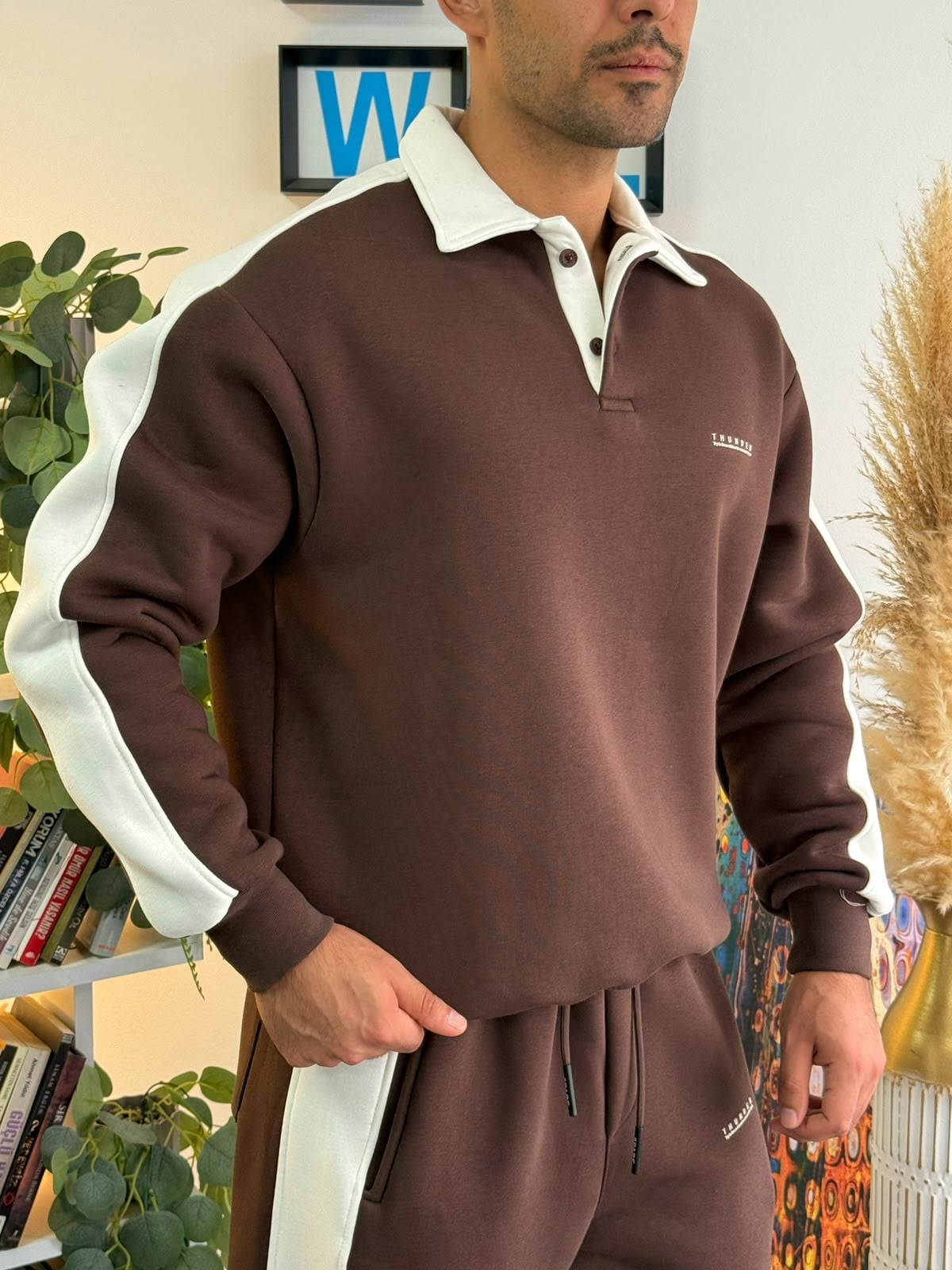 Kahverengi Oversize Polo Yaka Kontrast Şeritli Şardonlu Eşofman Takımı