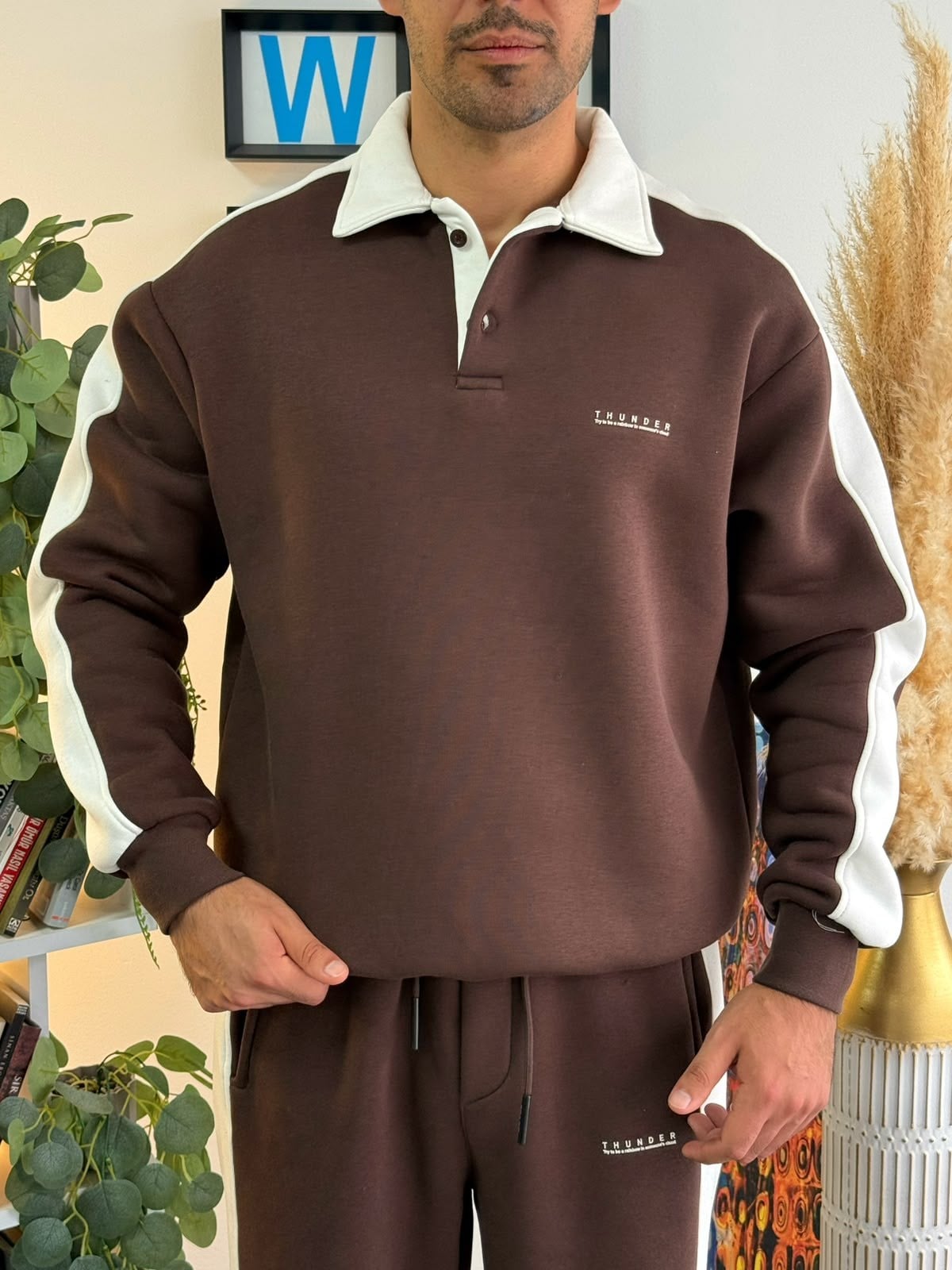 Kahverengi Oversize Polo Yaka Kontrast Şeritli Şardonlu Eşofman Takımı