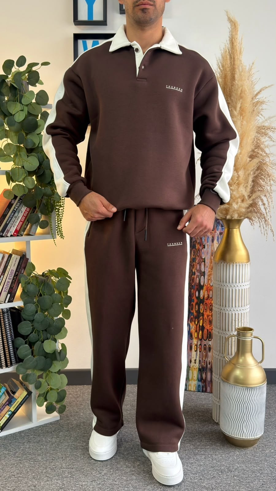 Kahverengi Oversize Polo Yaka Kontrast Şeritli Şardonlu Eşofman Takımı