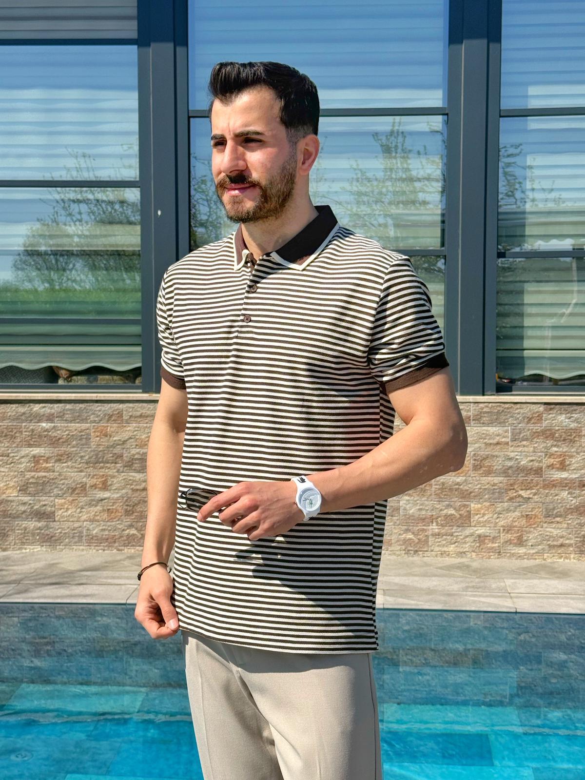 Kahverengi Şeritli Regular Kalıp Polo Yaka T-shirt